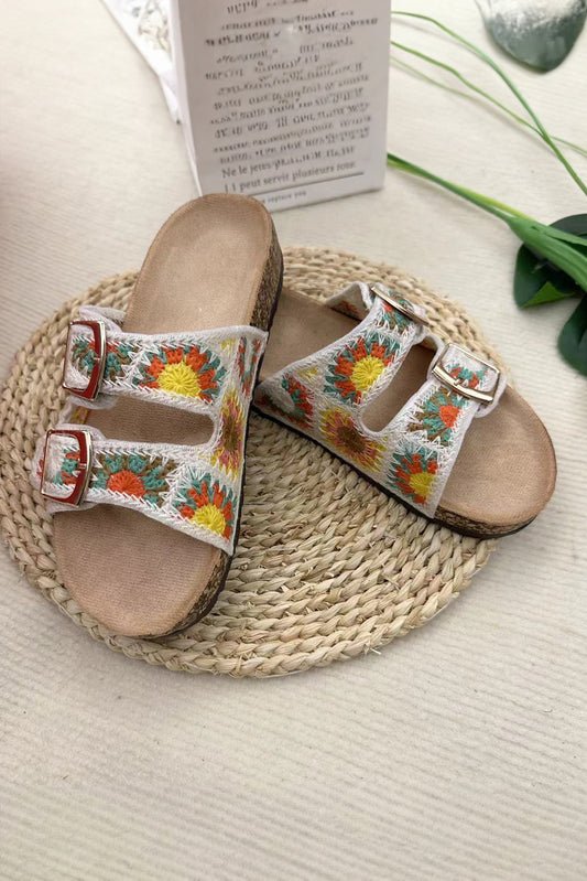 White Woven Sunflower Buckle Strap Slides Shoes