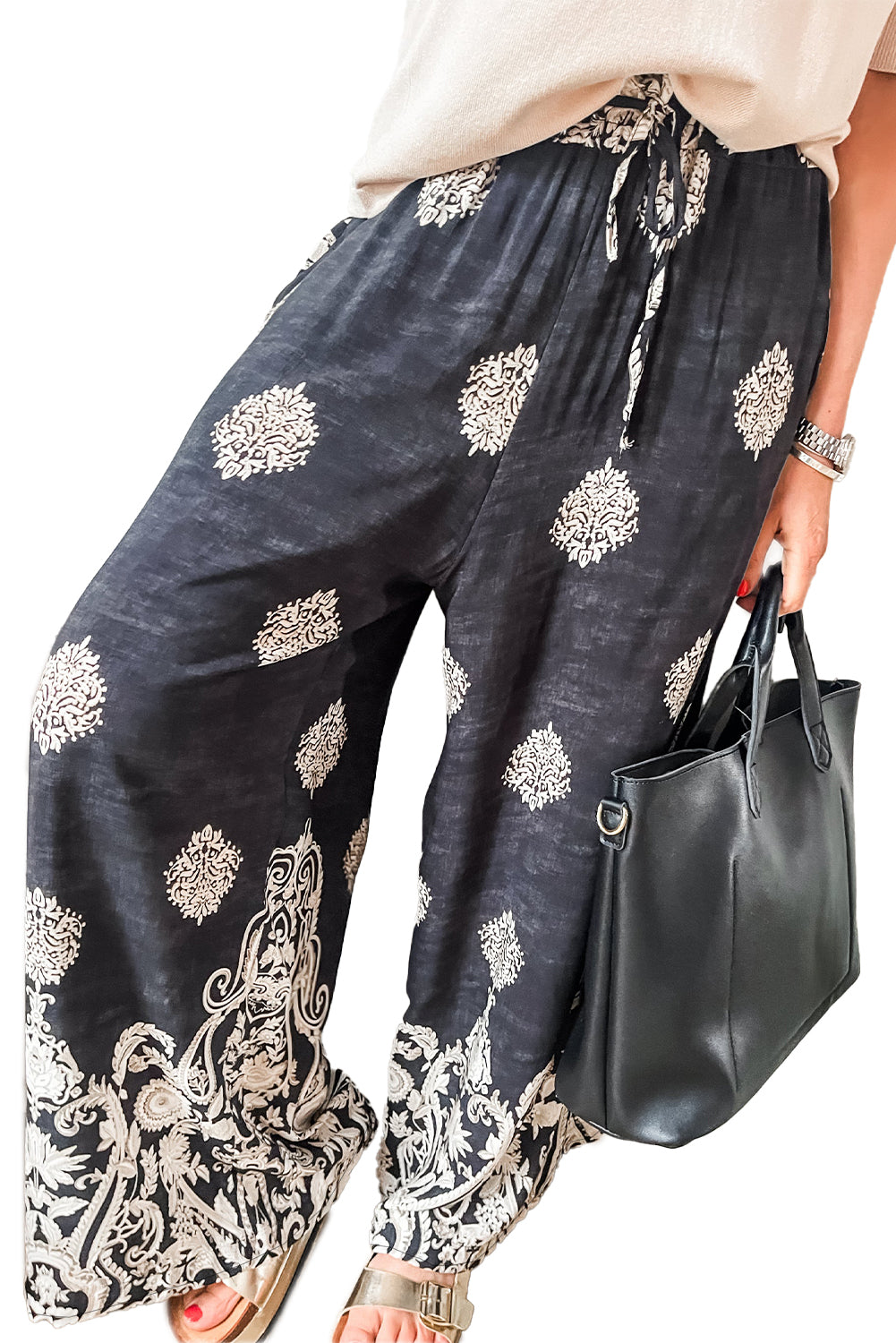 Black Bohemian Print Drawstring Waist Wide Leg Pants