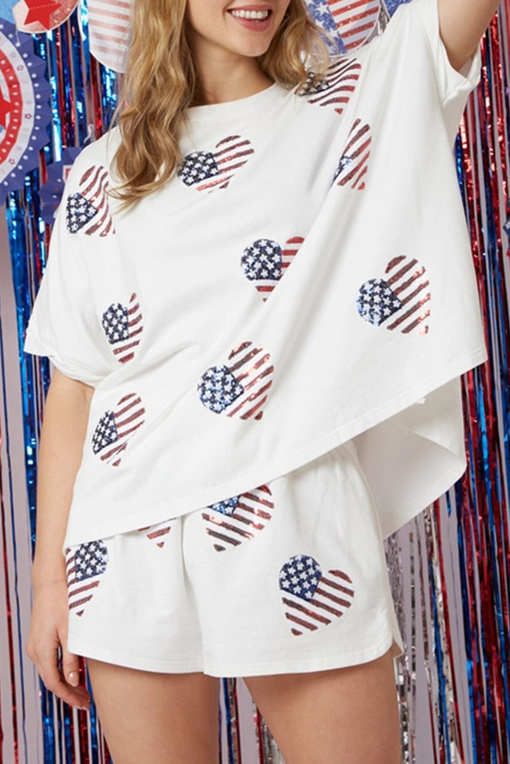 Wholesale White American Flag Sequin Graphic Loose Top and Shorts Set