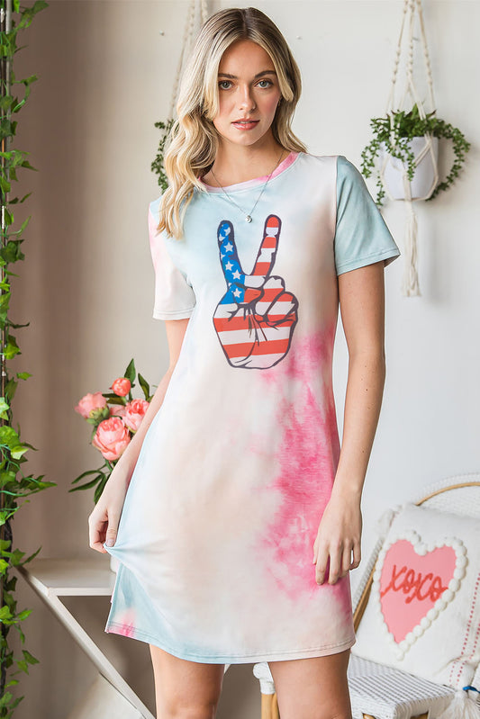 Multicolor Victory American Flag Print Tie Dye T Shirt Dress