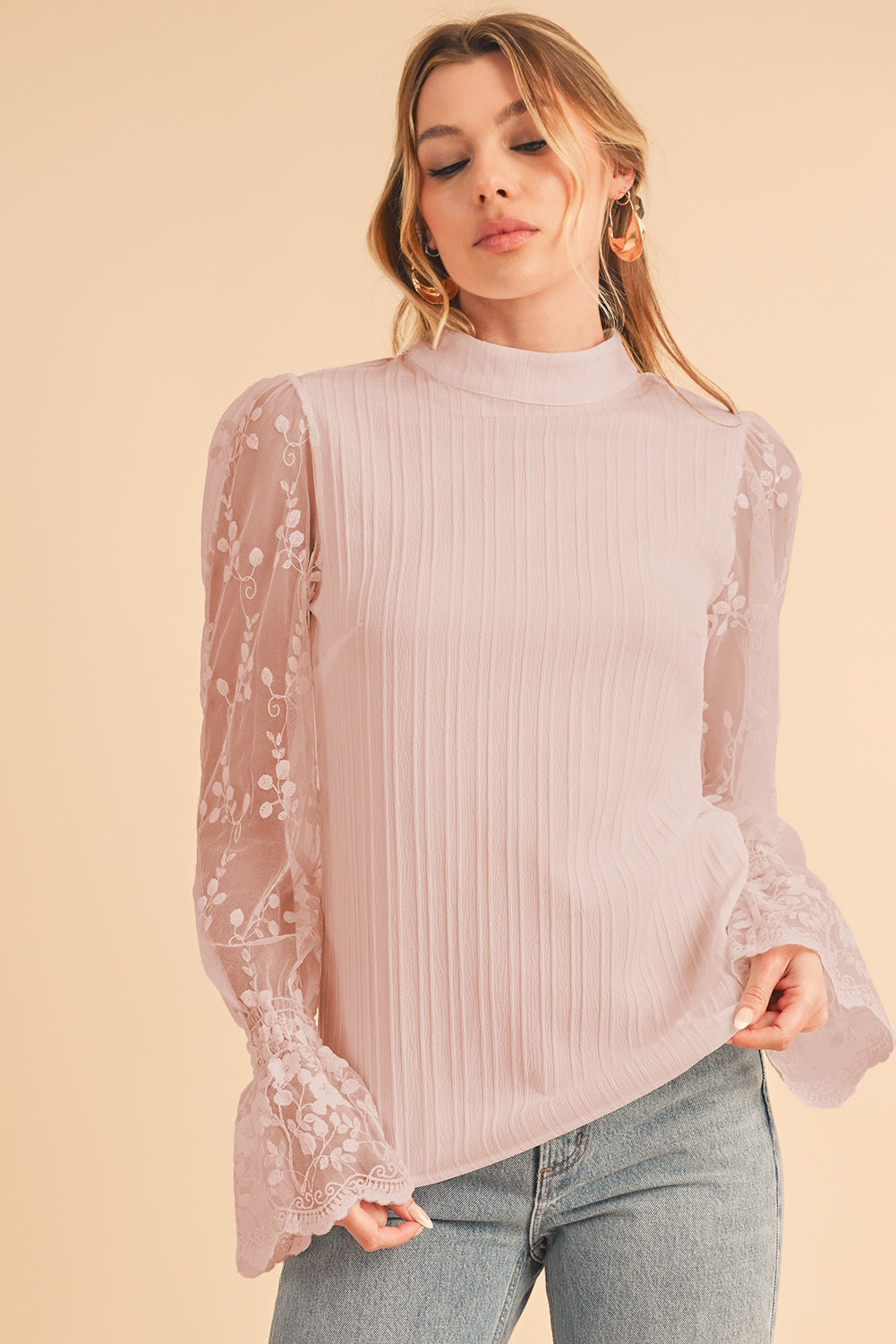 White Textured Contrast Lace Sleeve Mock Neck Blouse