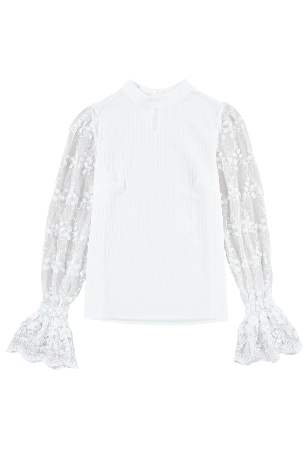 White Textured Contrast Lace Sleeve Mock Neck Blouse