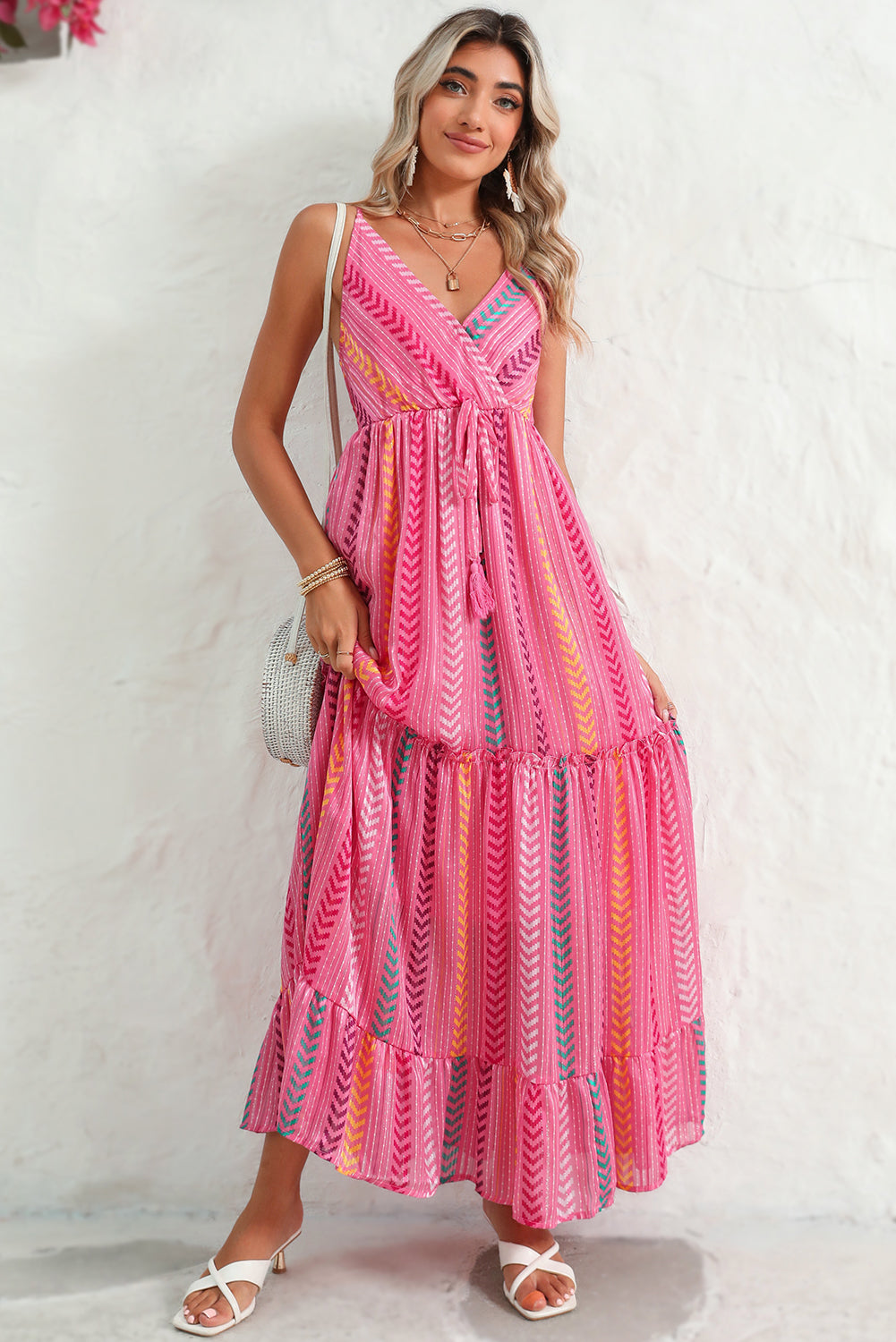 Wholesale Pink Boho Tassel Tie V Neck Wrapped Maxi Dress
