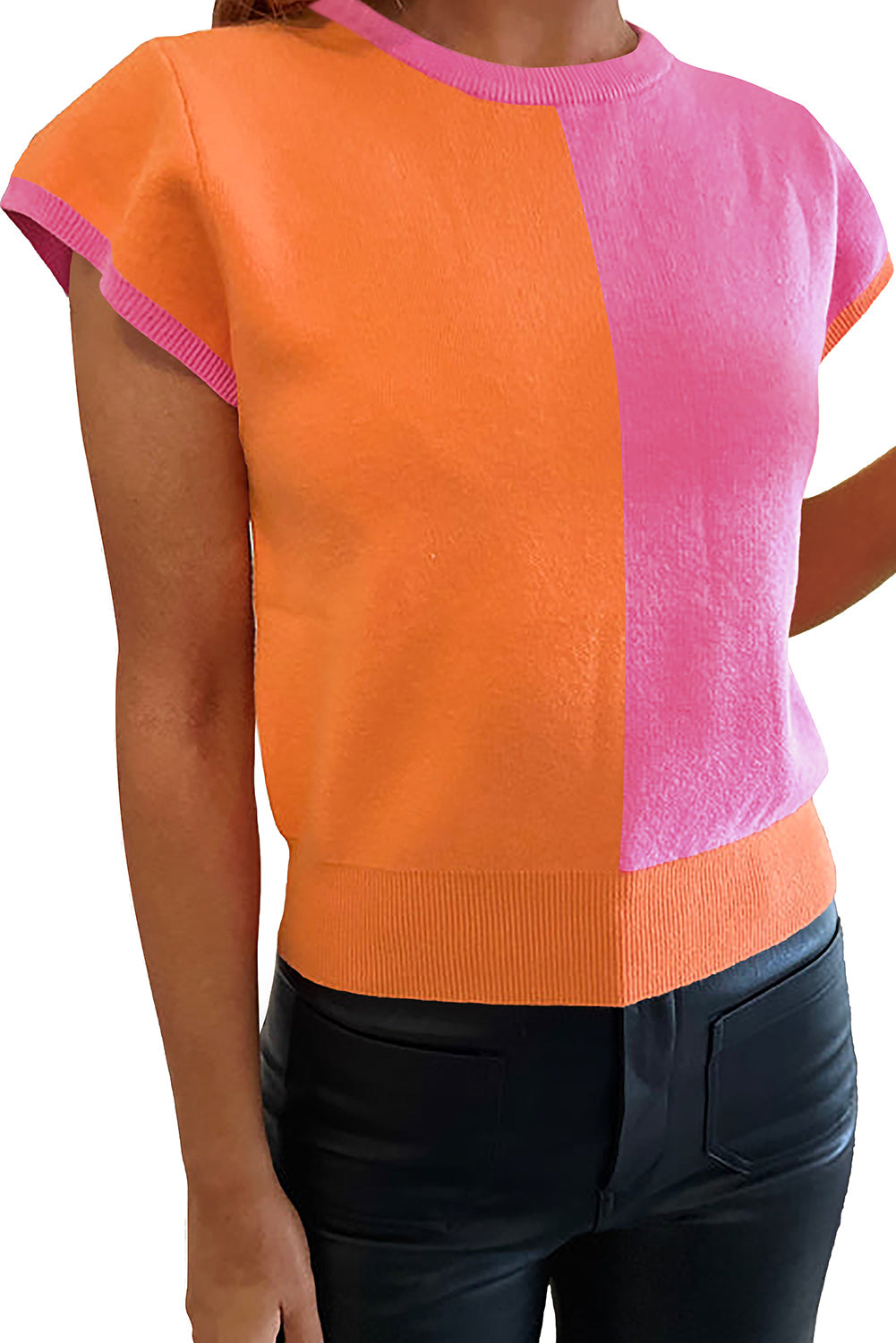 Flamingo Color Block Knit Cap Sleeve Top