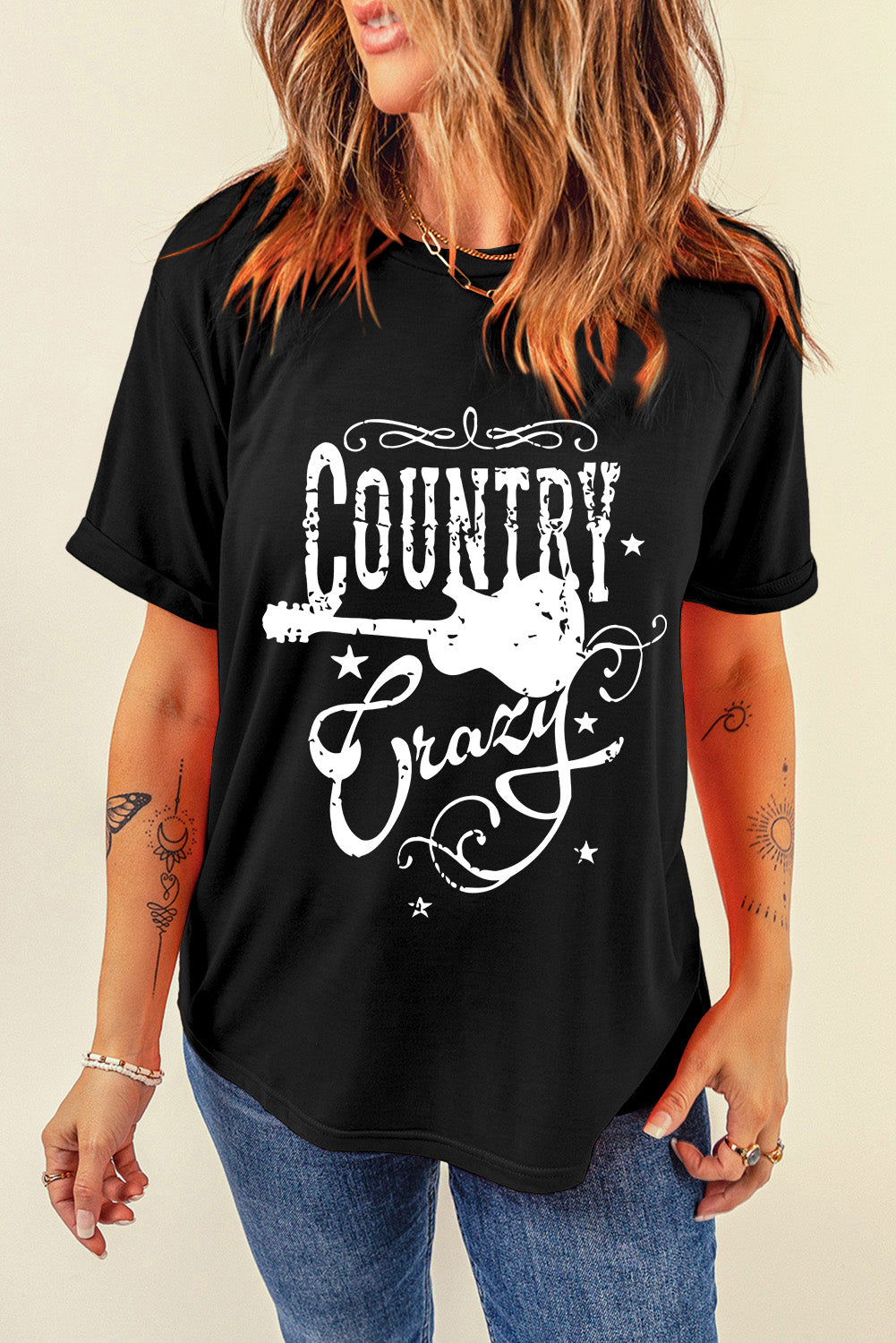 Wholesale Black Country Music Crazy Graphic Crew Neck T Shirt