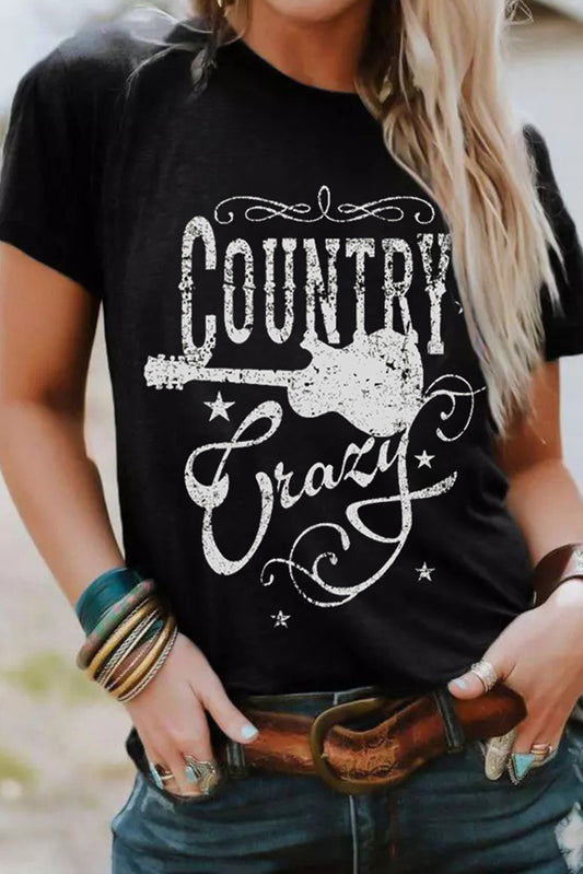 Wholesale Black Country Music Crazy Graphic Crew Neck T Shirt