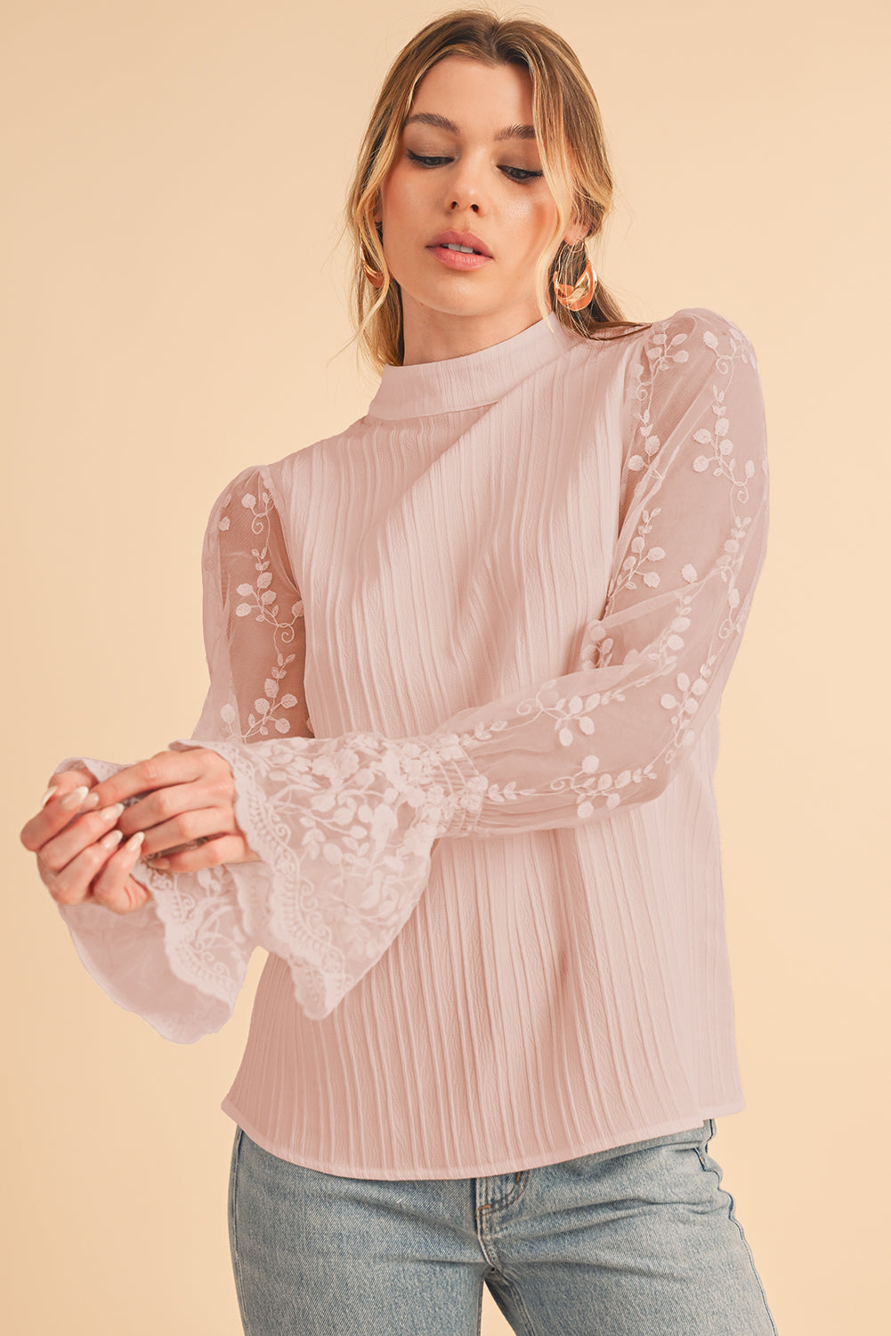 White Textured Contrast Lace Sleeve Mock Neck Blouse