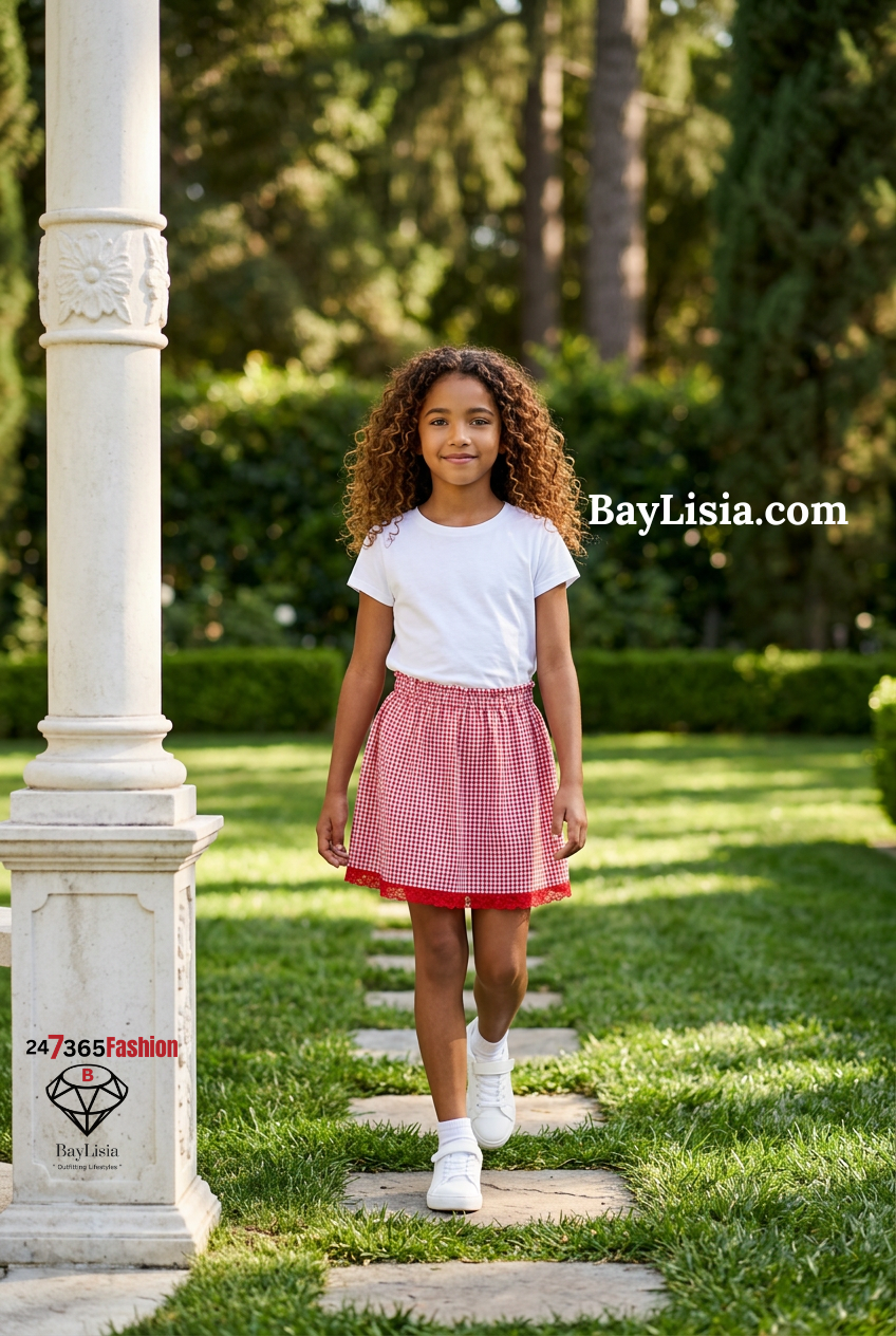 Red Gingham Skirt with Red Lace Hem for Girls  by BayLisia Ewing