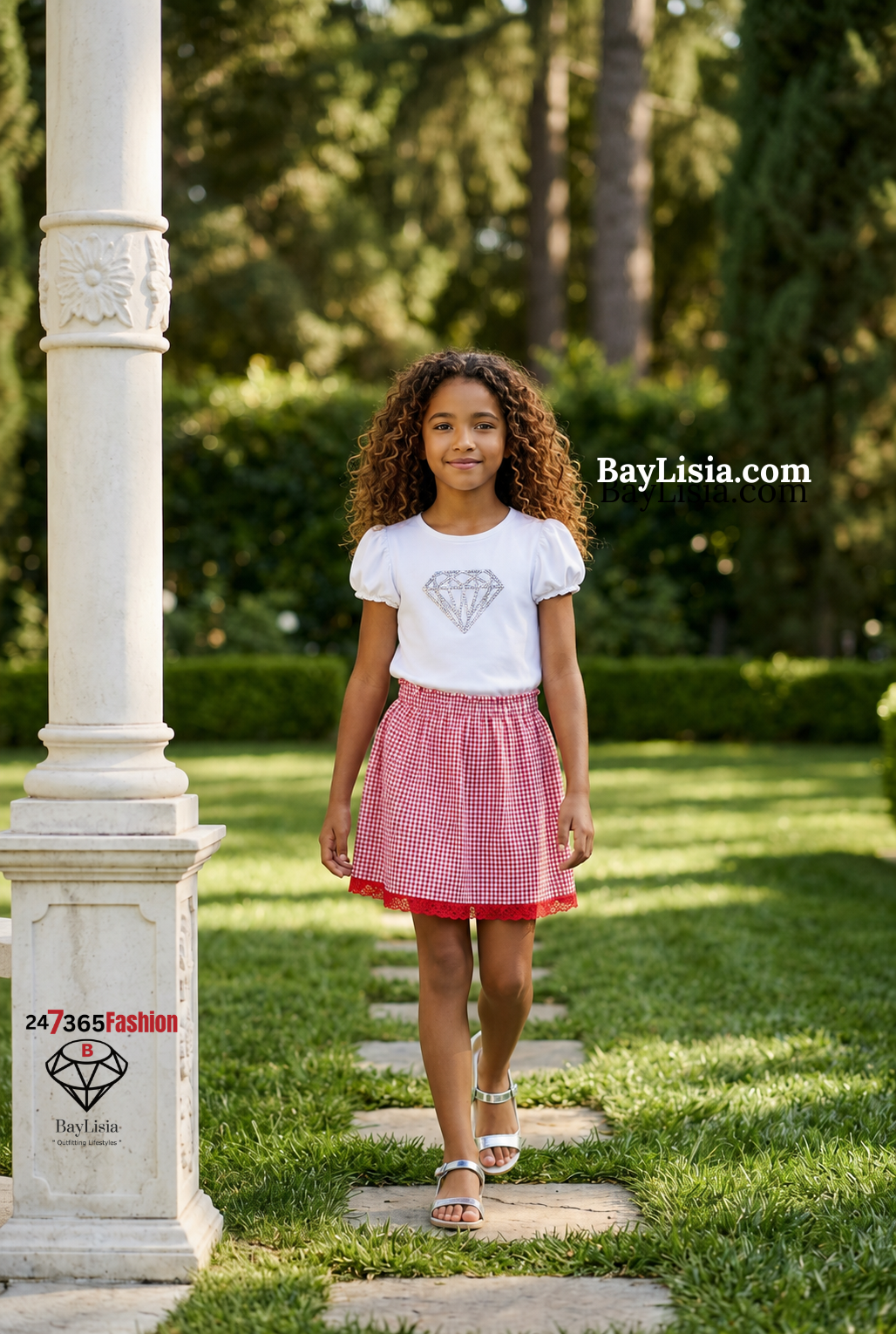 Red Gingham Skirt with Red Lace Hem for Girls  by BayLisia Ewing