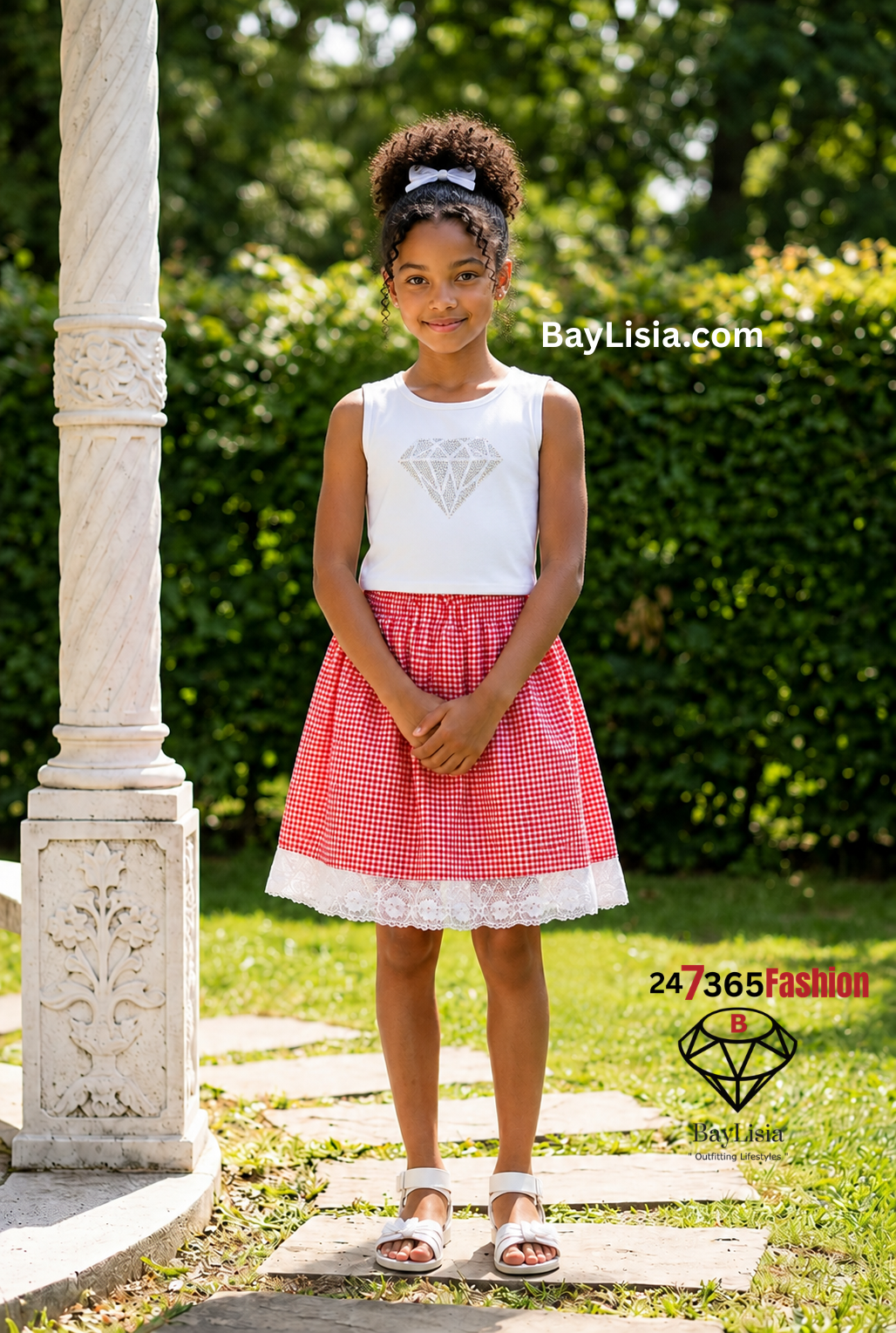 Children's Cotton Gingham Skirt with White Lace Hem By BayLisia Ewing