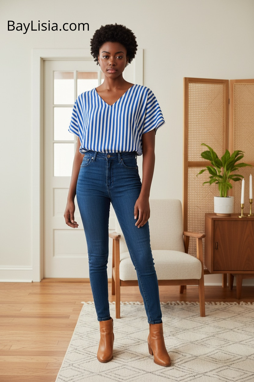 BayLisia Blue Stripe Cotton Elastic Cropped Top (Short Sleeve) — Ready to Ship