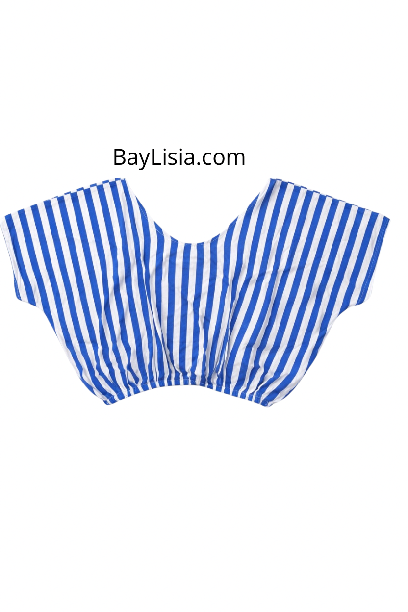 BayLisia Blue Stripe Cotton Elastic Cropped Top (Short Sleeve) — Ready to Ship