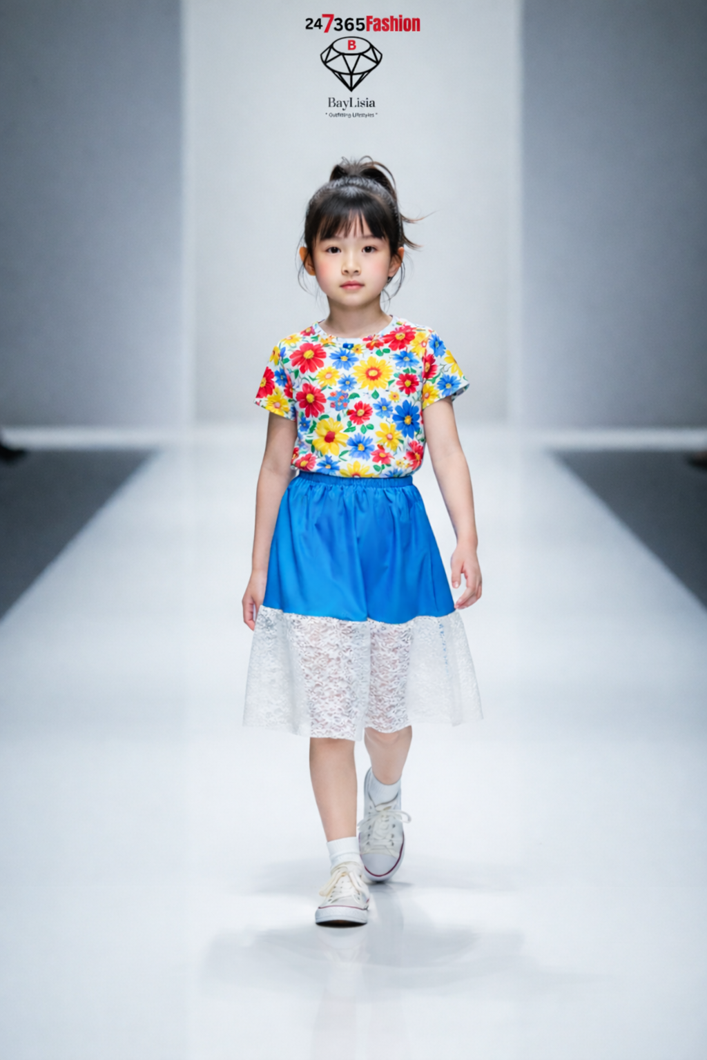 Kids Blue & White Lace Hem Skirt | Polyester Stretch | Ready to Ship (24–48 Hrs)