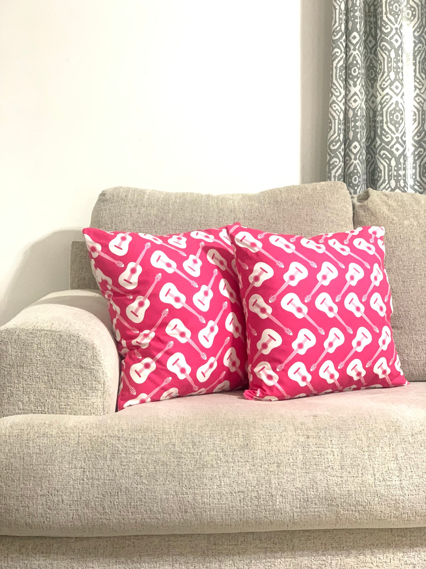 Bright Pink and White Guitar Designer Pillow