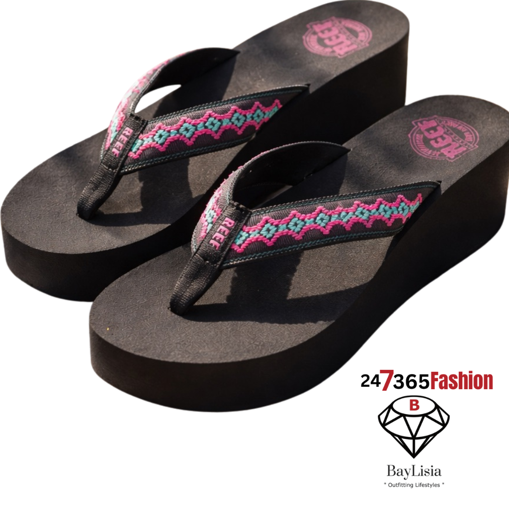 Reef  24/365 Platform Flip-Flops Sandals Size 9 (Black + Pink/Teal Woven Strap)