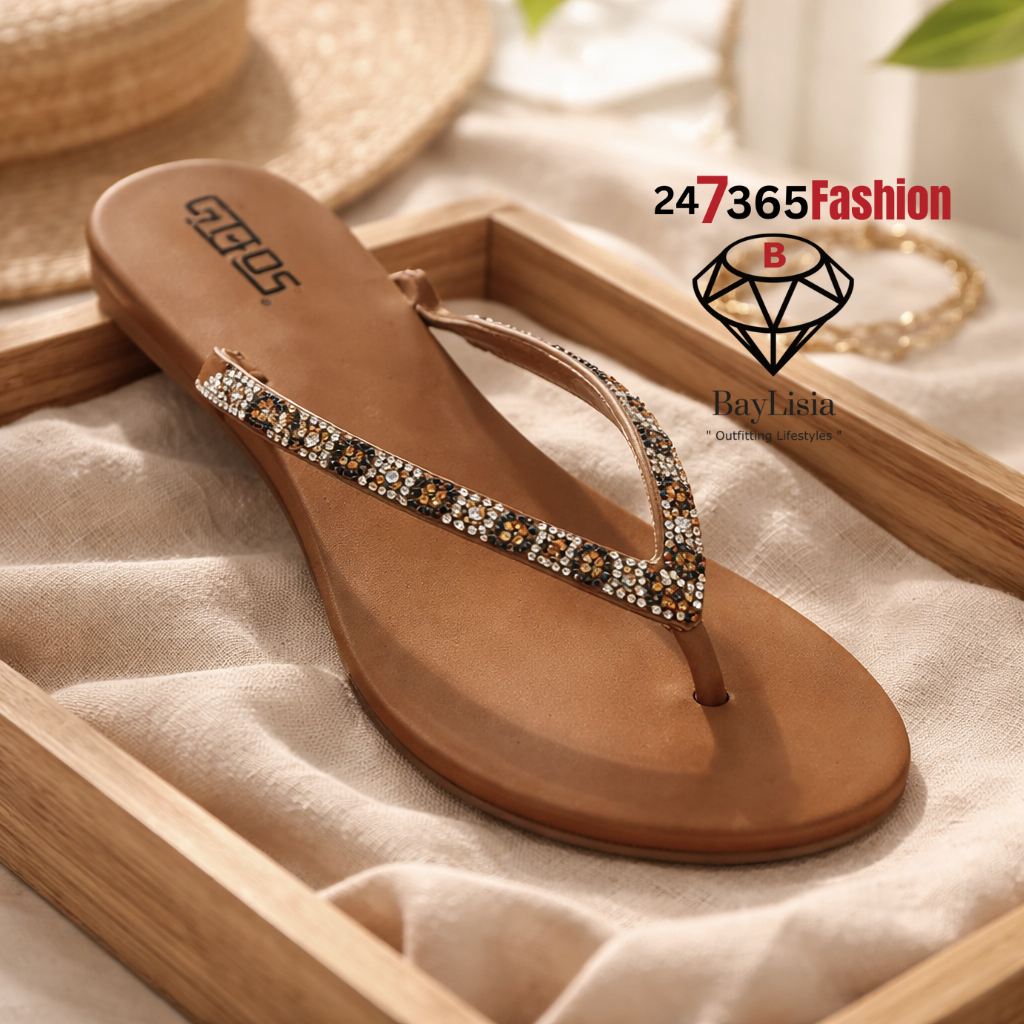 Flojos Crystal-Trim Flip-Flop Sandals (Tan/Gold Sparkle) Size 8