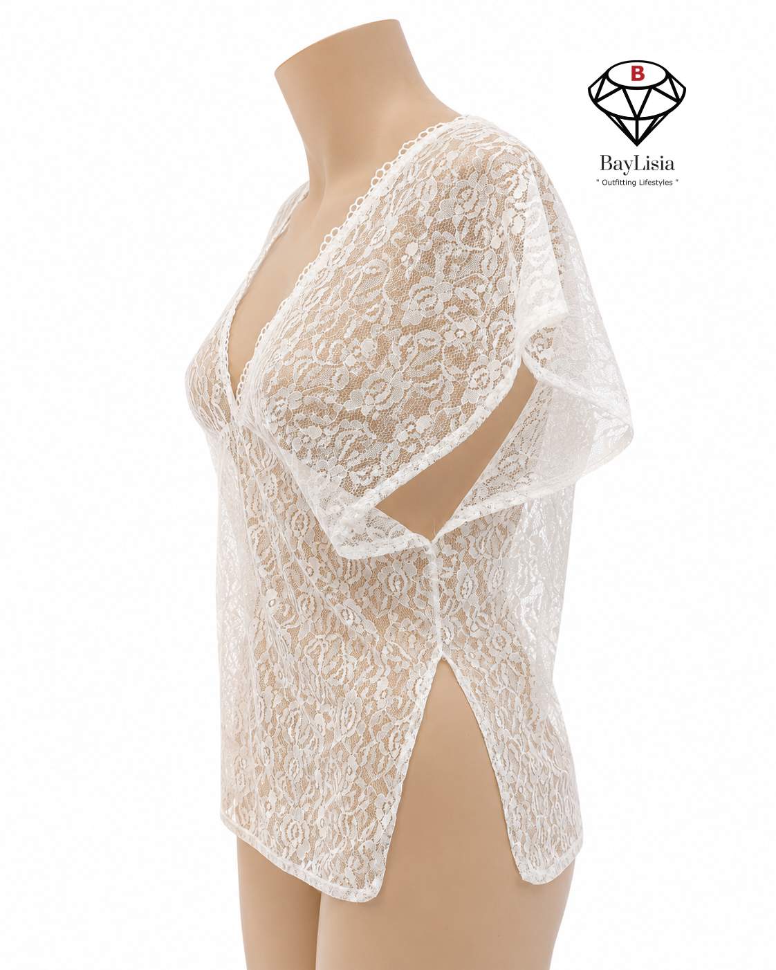 White Floral Lace Deep V Neck Blouse