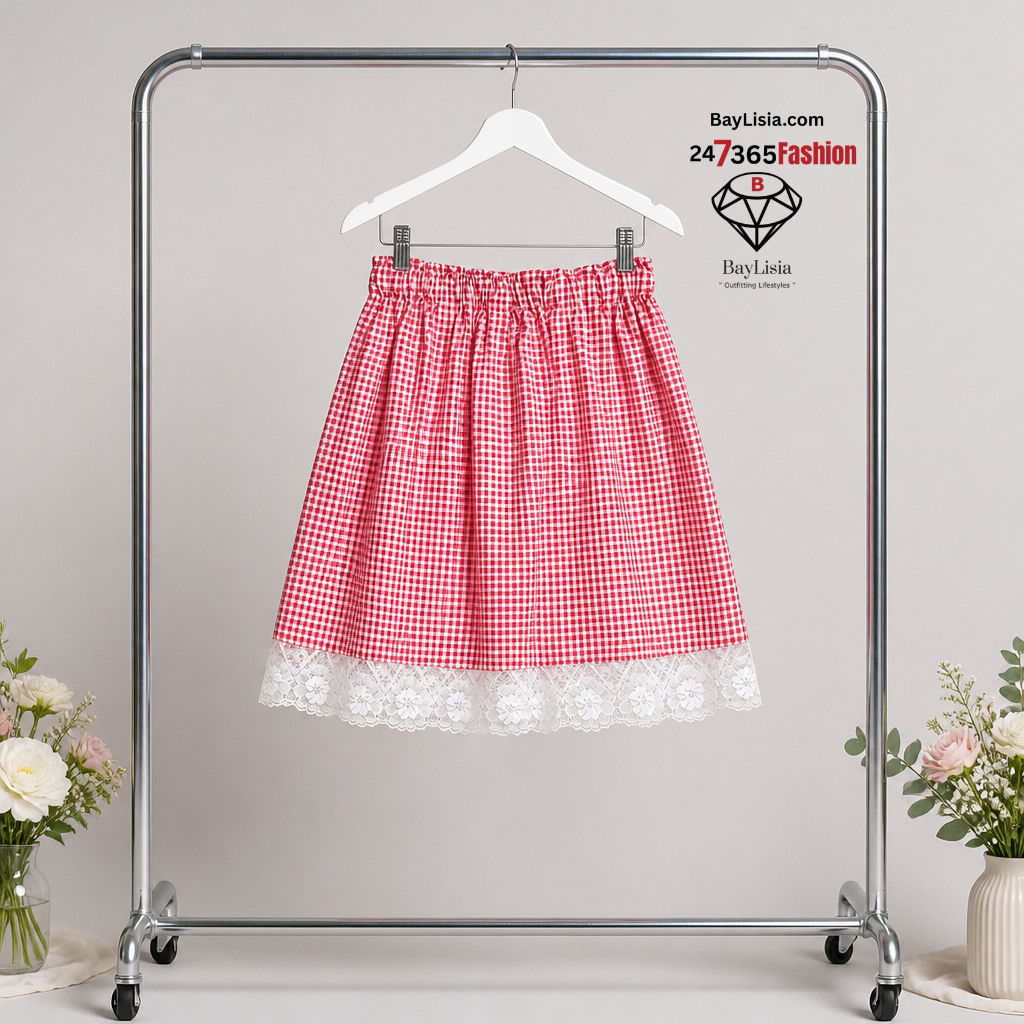 Children's Cotton Gingham Skirt with White Lace Hem By BayLisia Ewing