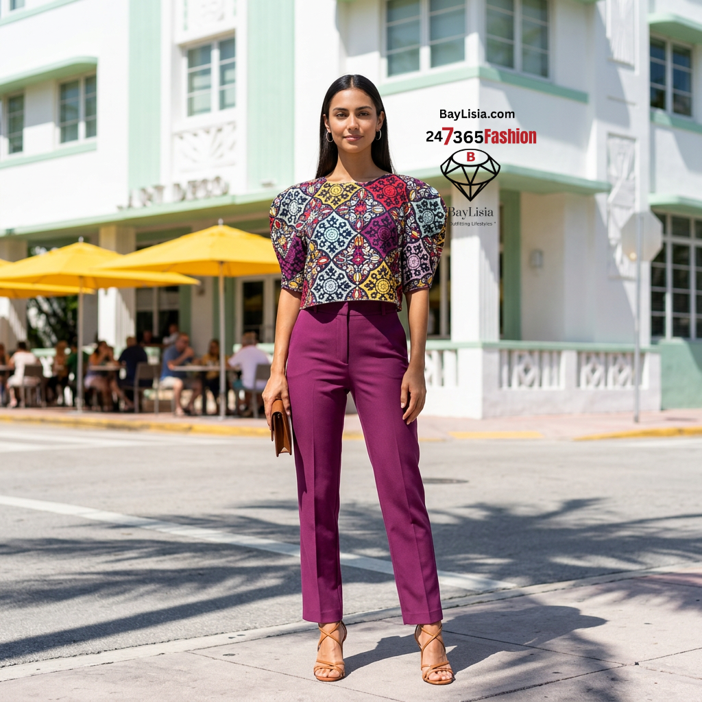 Mosaic Puff Sleeve Designer Blouse | Stretch Fashion Top | BayLisia