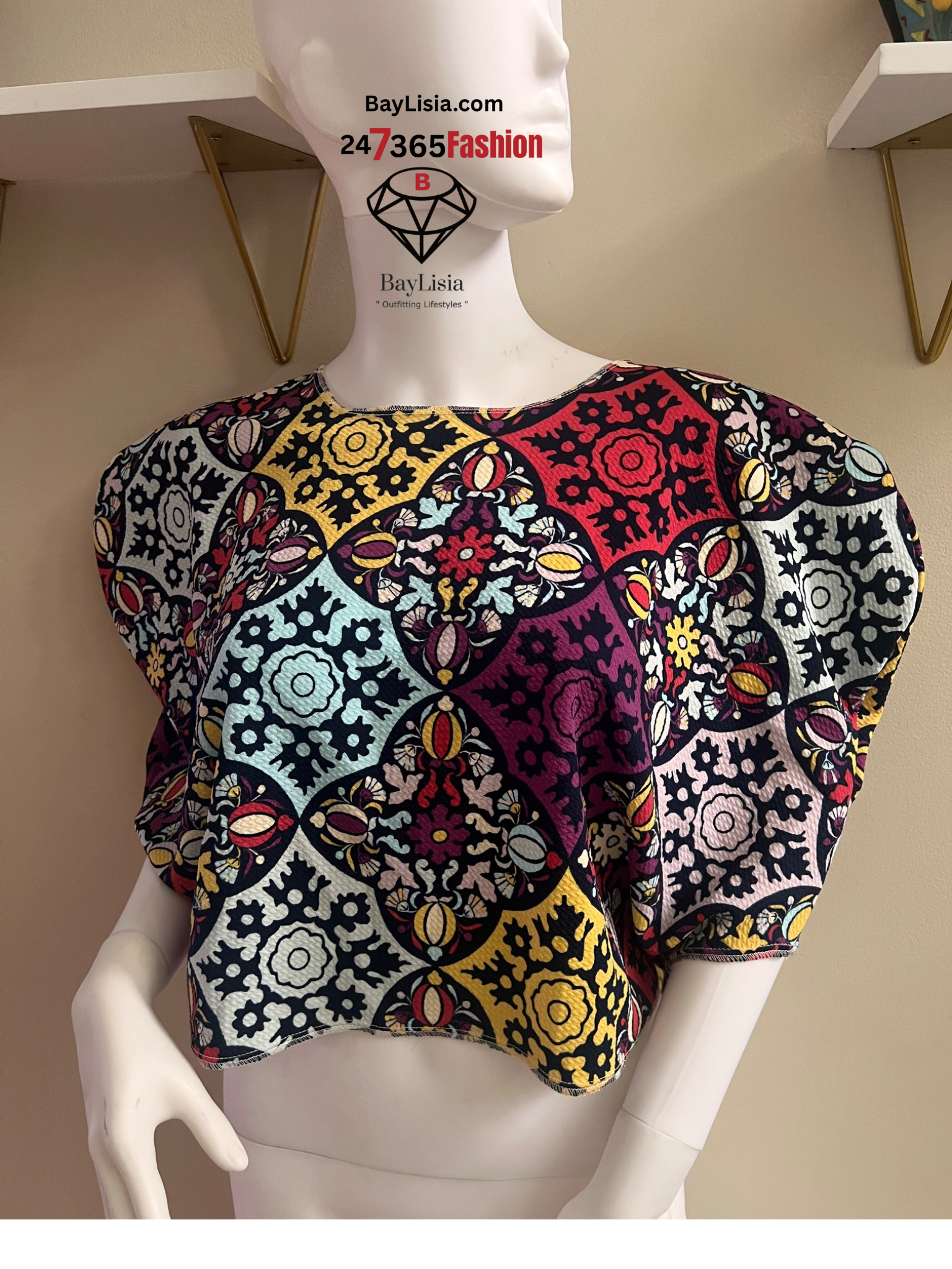 Mosaic Puff Sleeve Designer Blouse | Stretch Fashion Top | BayLisia