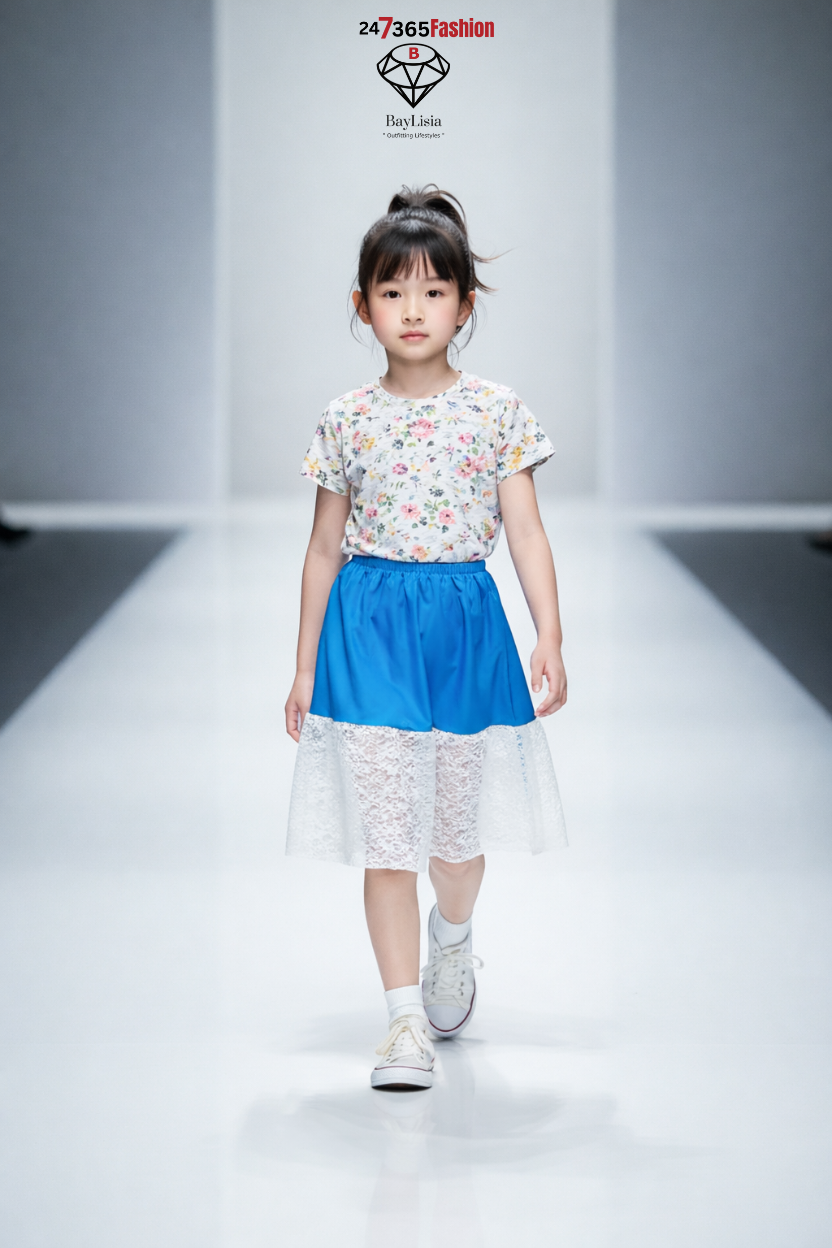 Kids Blue & White Lace Hem Skirt | Polyester Stretch | Ready to Ship (24–48 Hrs)