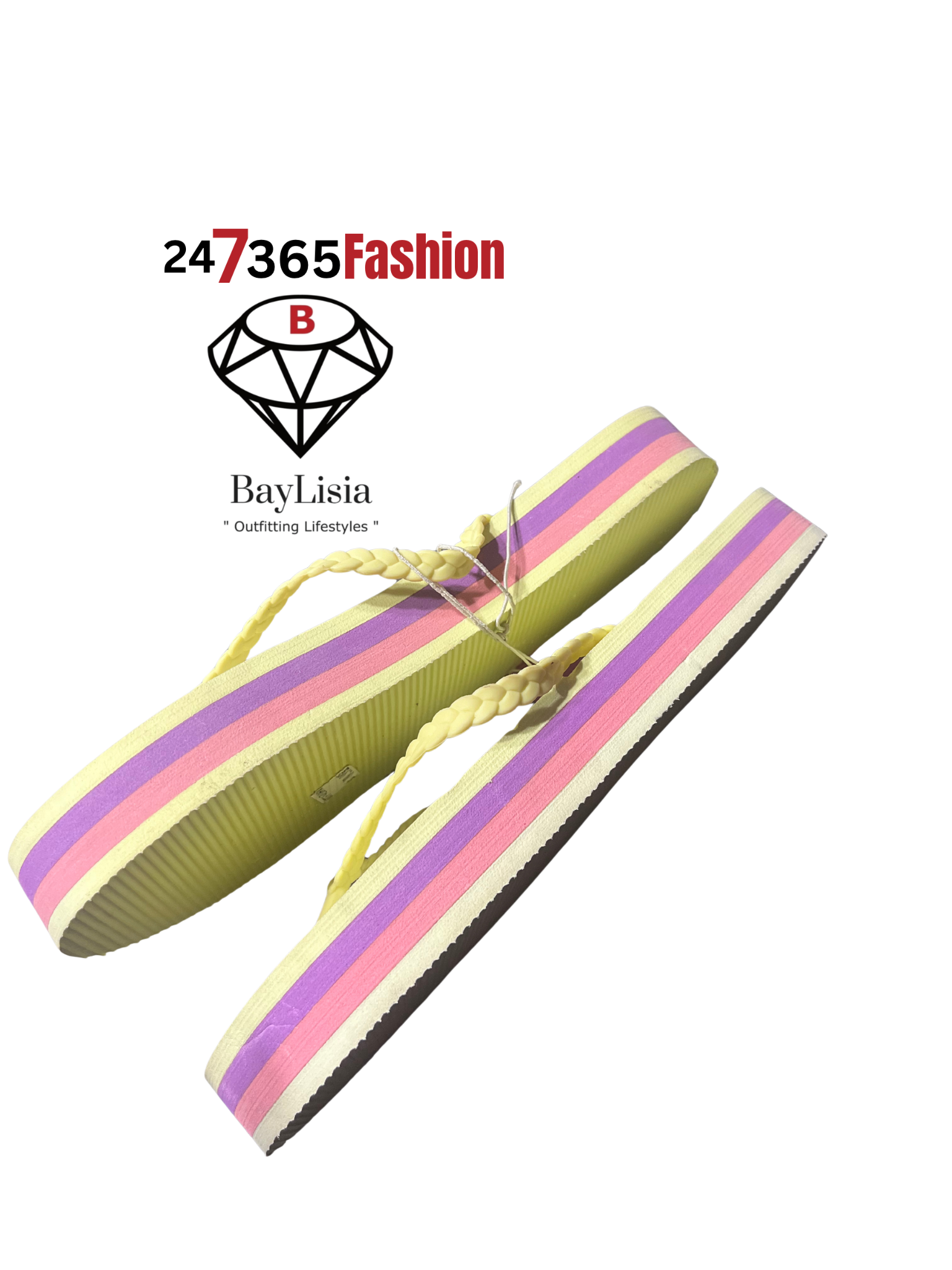 Light Yellow Braided Strap Platform Flip-Flops (Pastel Stripe Sole) Size 10