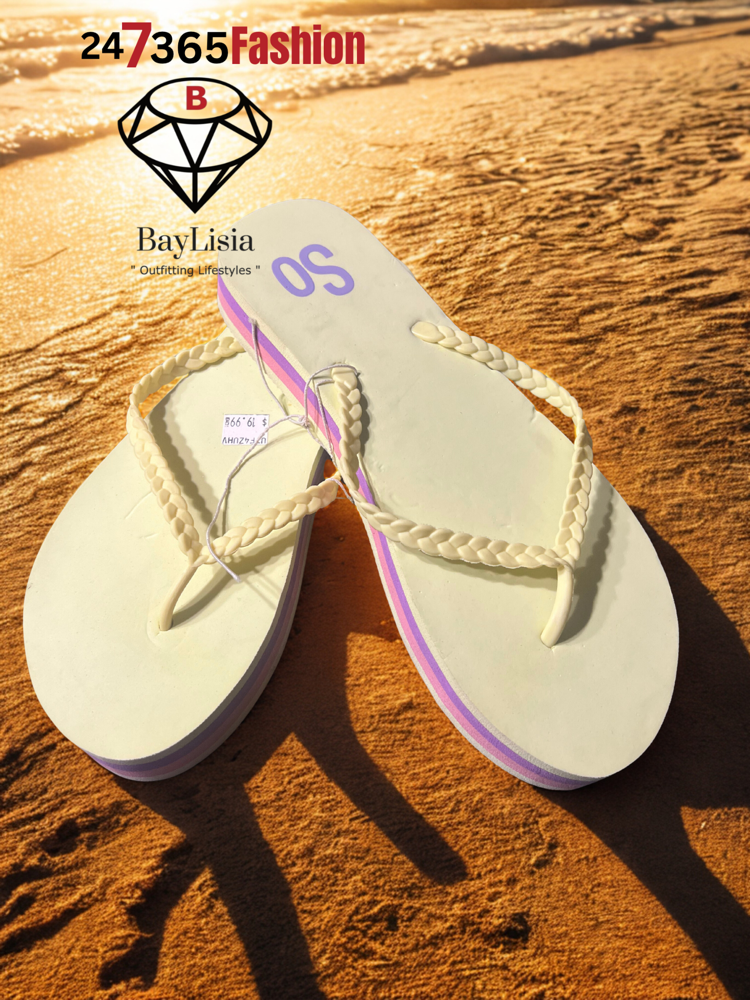 Light Yellow Braided Strap Platform Flip-Flops (Pastel Stripe Sole) Size 10