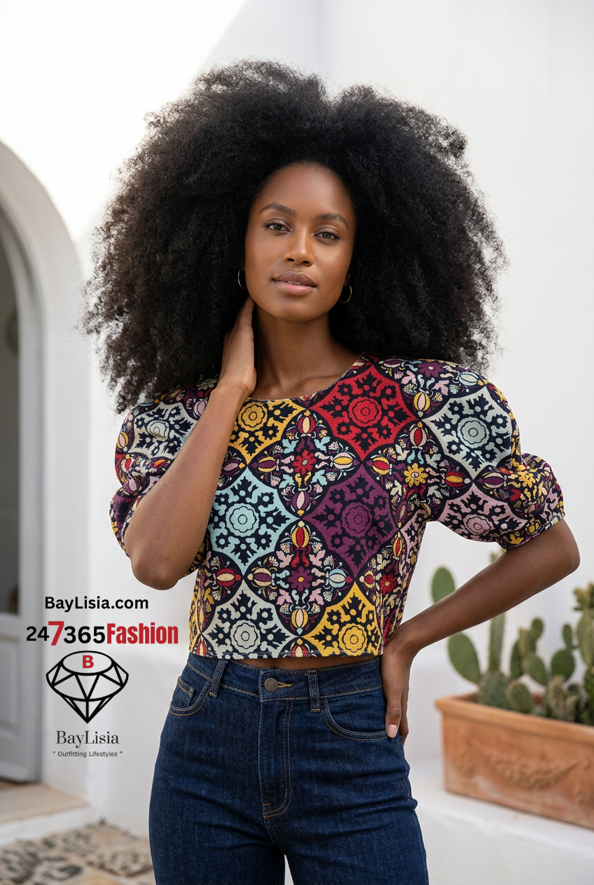 Mosaic Puff Sleeve Designer Blouse | Stretch Fashion Top | BayLisia