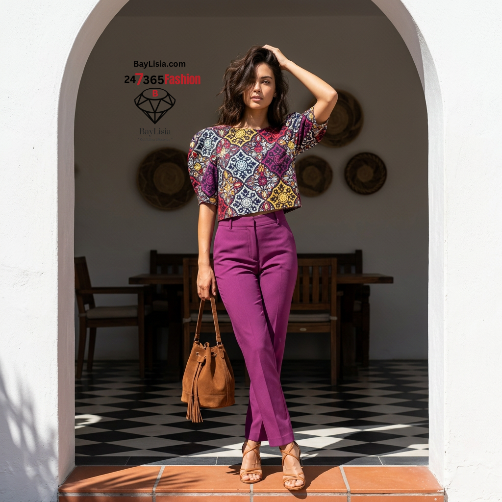 Mosaic Puff Sleeve Designer Blouse | Stretch Fashion Top | BayLisia