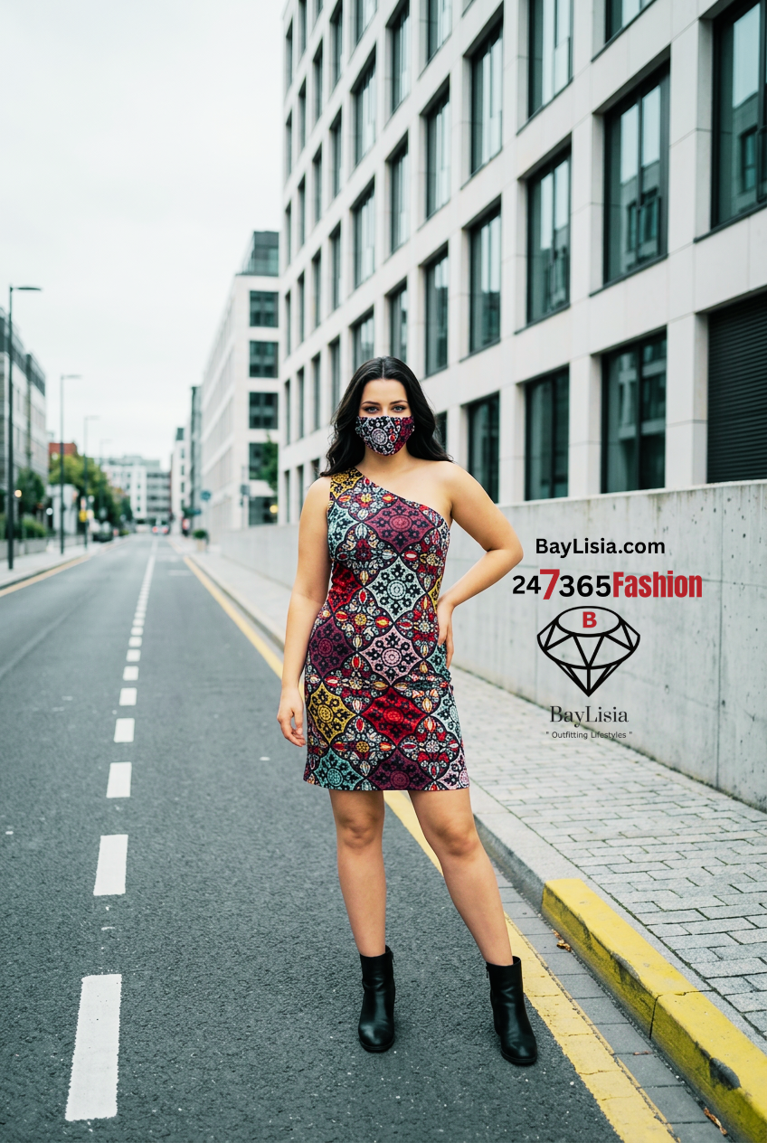 BayLisia One-Shoulder Designer Dress & Matching Face Mask Set
