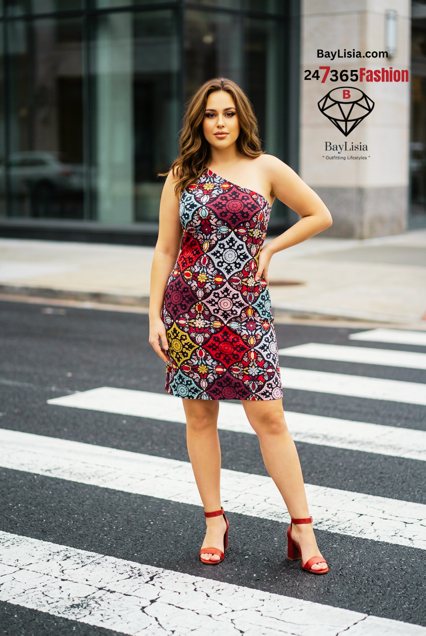 BayLisia One-Shoulder Designer Dress & Matching Face Mask Set
