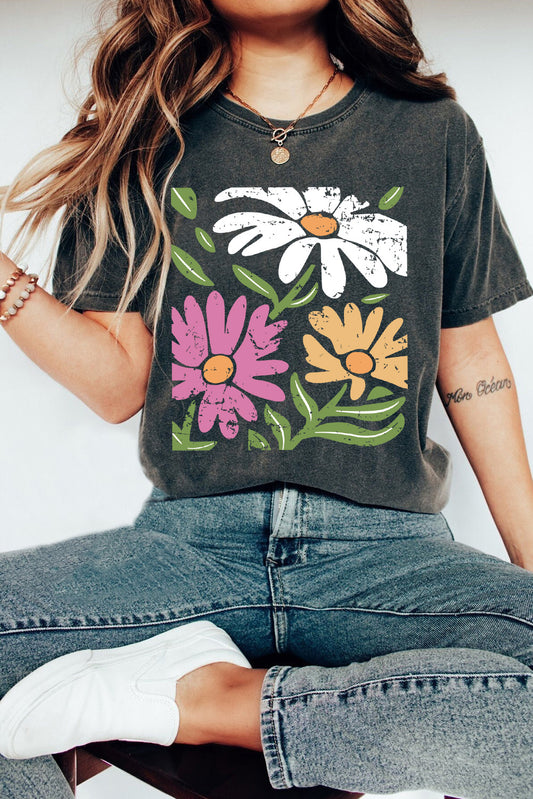 Wholesale Black Mineral Wash Daisy Graphic Round Neck T Shirt