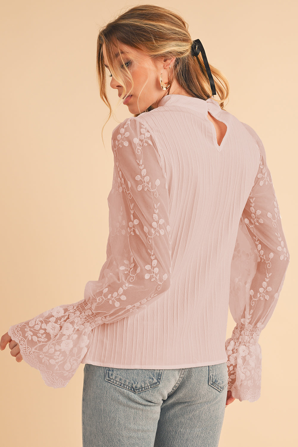 White Textured Contrast Lace Sleeve Mock Neck Blouse