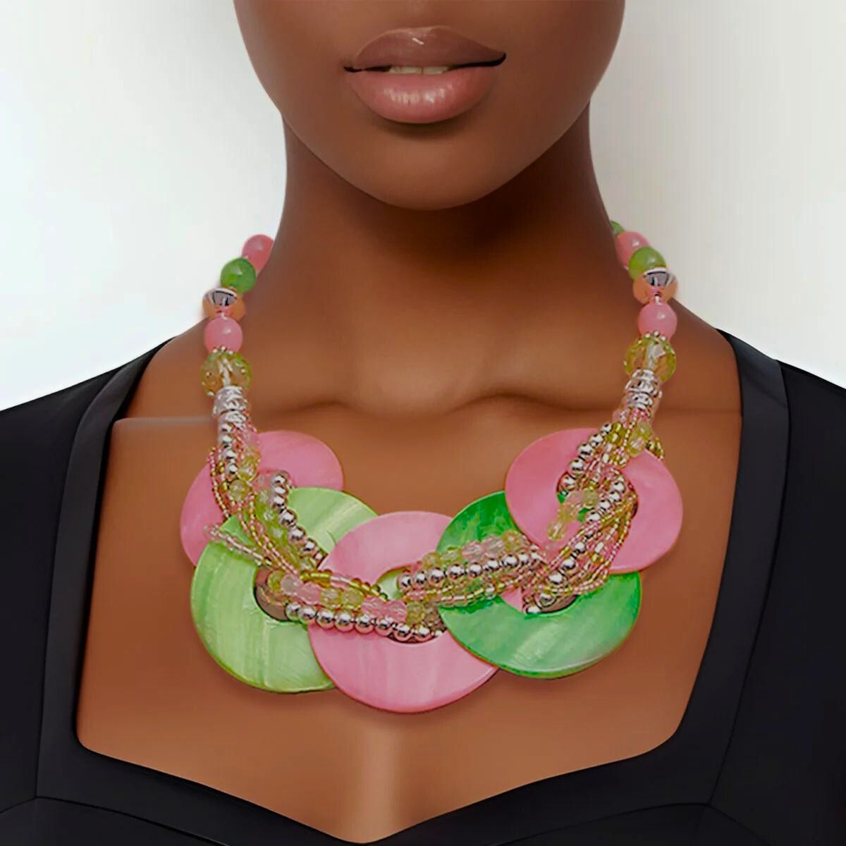 Pink Green AKA Beaded Shell Disc Necklace Set – BayLisia.com