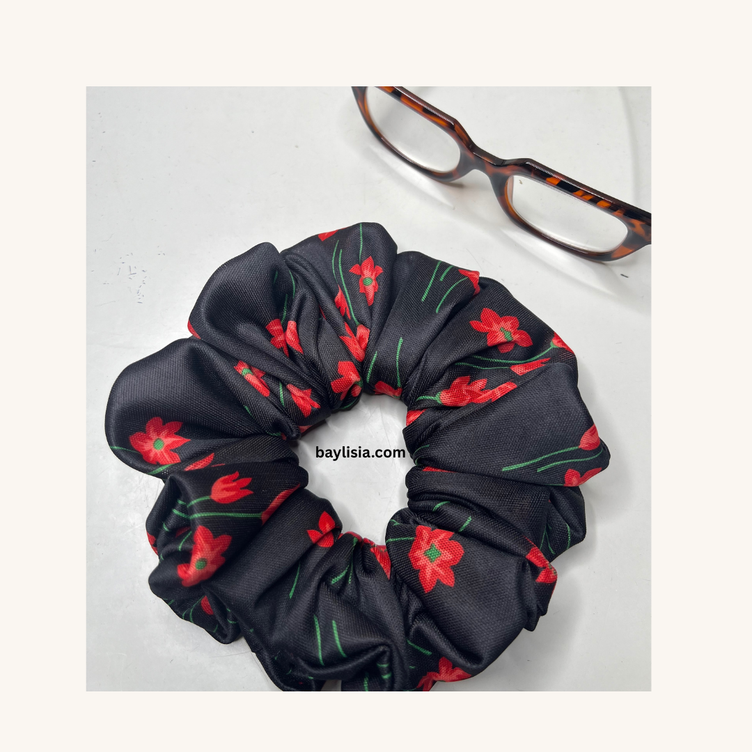 BayLisia XL Fluffy Polyester Scrunchie — Black Rose Print Statement Hair Tie- Ready to Ship