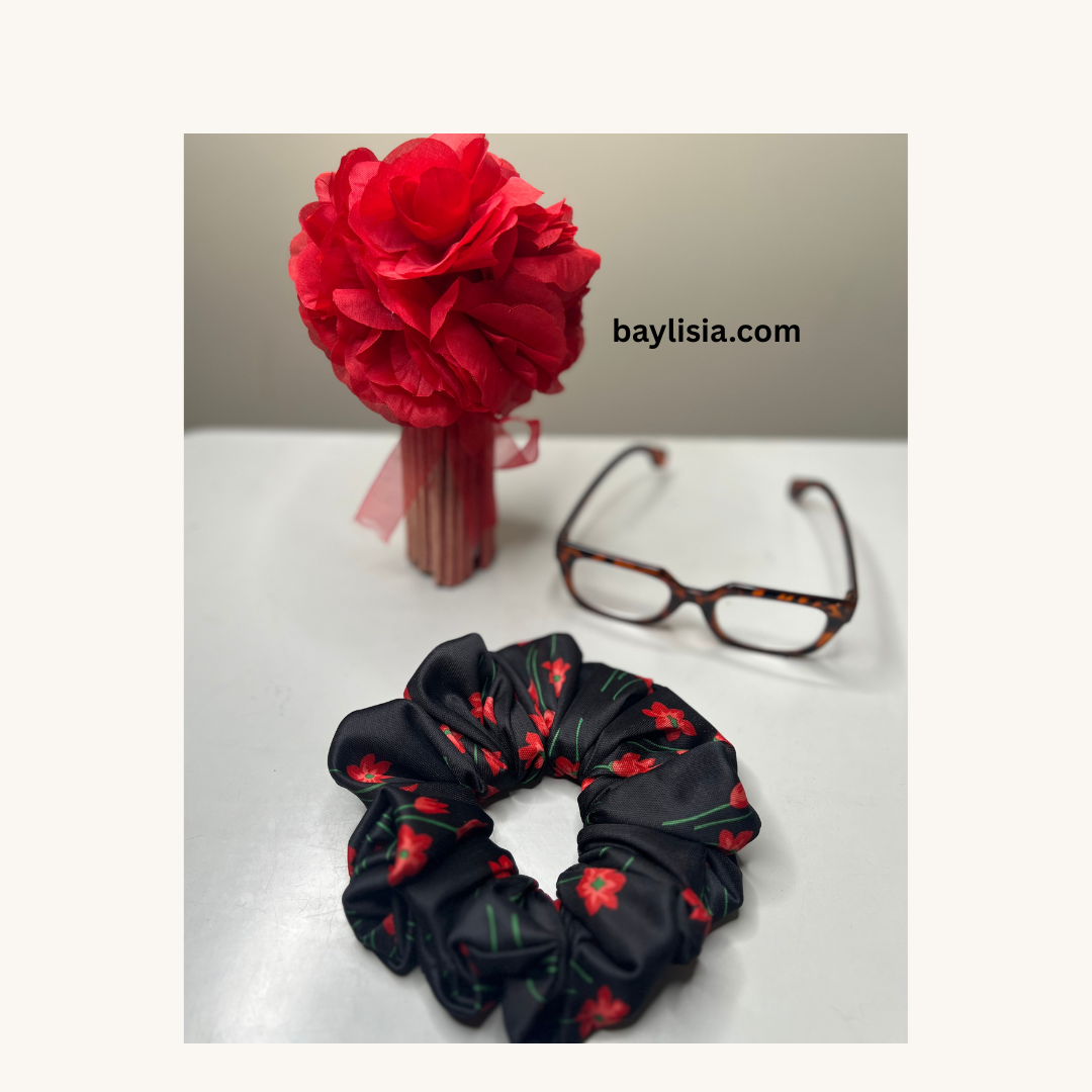BayLisia XL Fluffy Polyester Scrunchie — Black Rose Print Statement Hair Tie- Ready to Ship