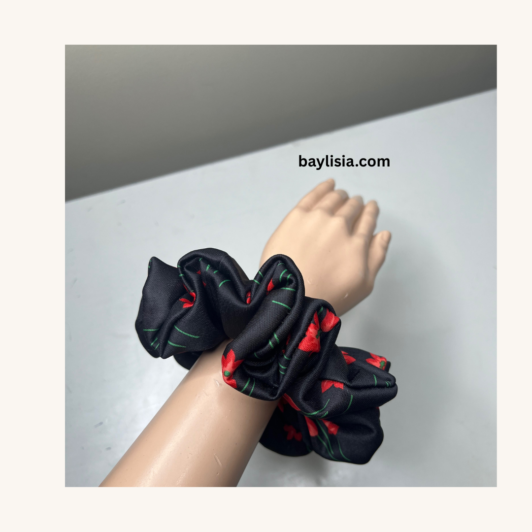 BayLisia XL Fluffy Polyester Scrunchie — Black Rose Print Statement Hair Tie- Ready to Ship