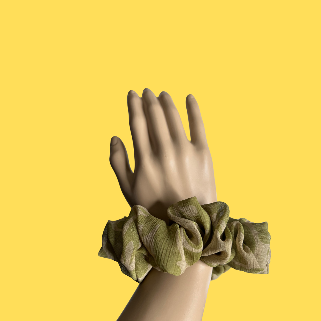 BayLisia Luxury XL Polyester Scrunchie — Olive Camo Statement Hair Tie-Ready To Ship