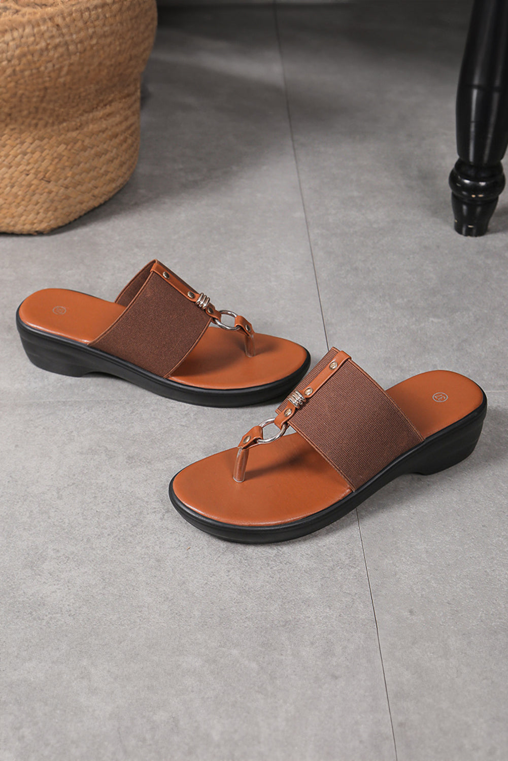 Chestnut Wide Band Clip Toe PU Leather Wedge Sandals