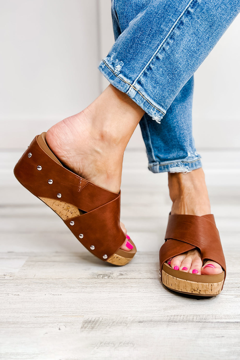 Chestnut Toe Ring Cross Cutout Studded Wedge Slides Shoes