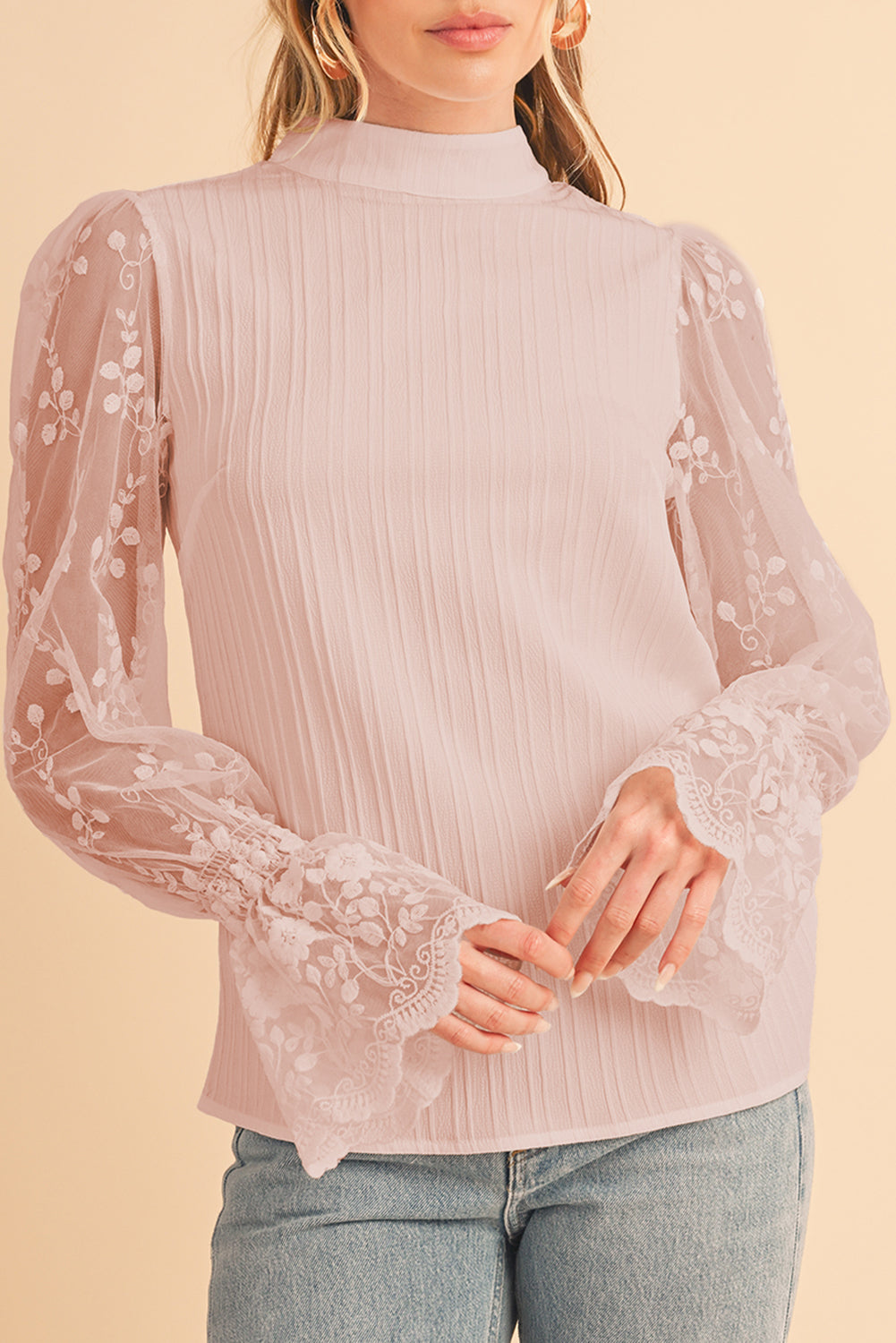 White Textured Contrast Lace Sleeve Mock Neck Blouse