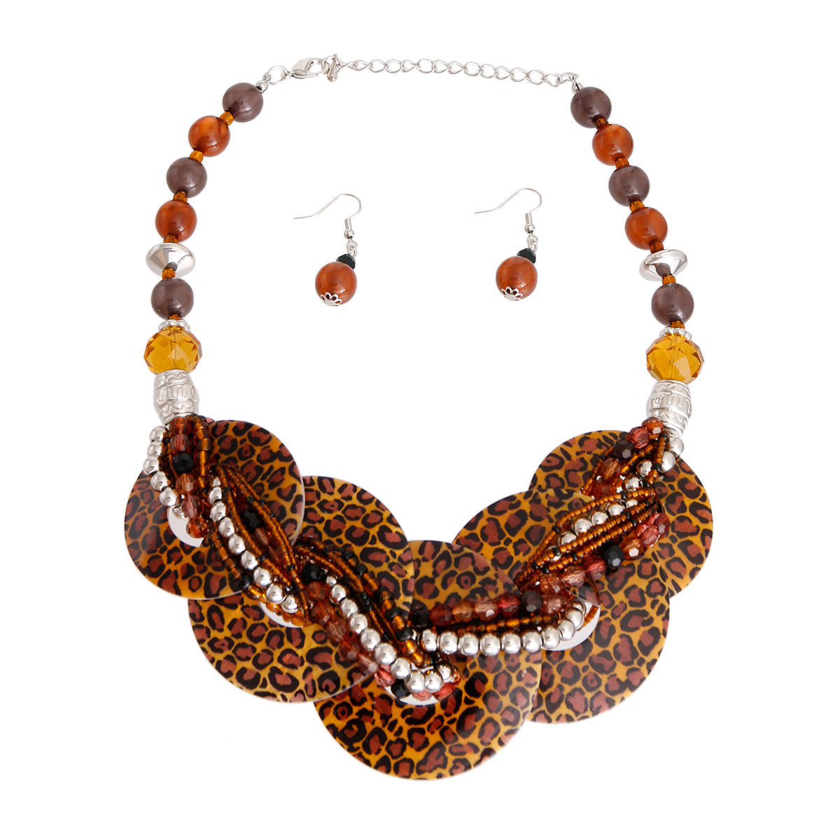 Leopard Brown Silver Beaded Shell Disc Necklace