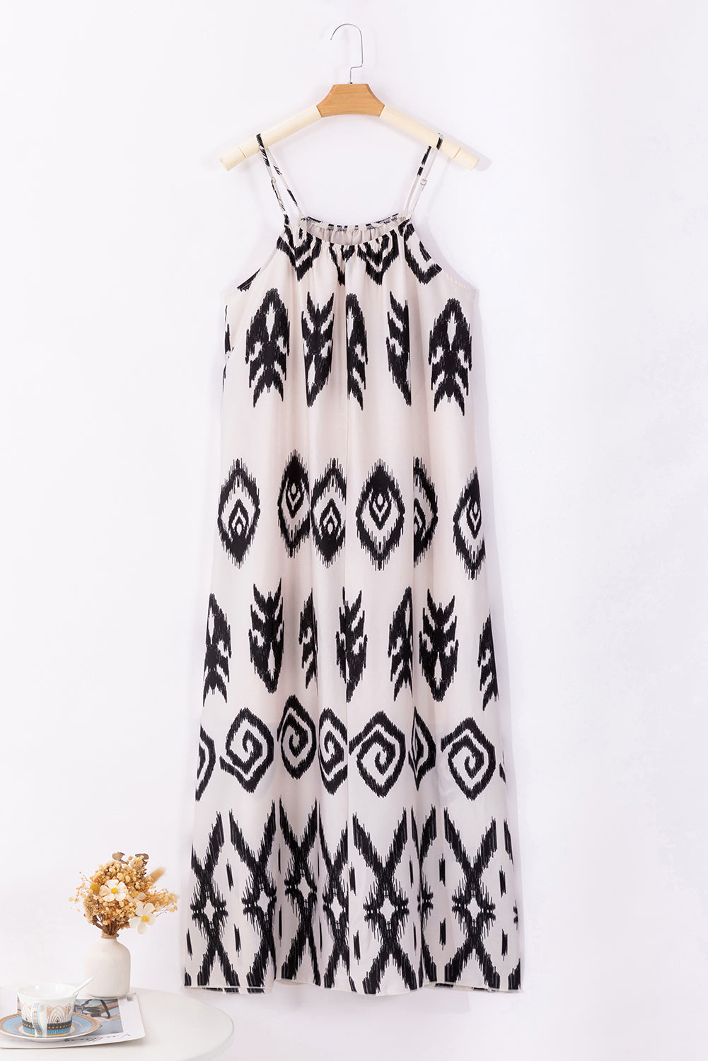 Black Geometric Printed Spaghetti Strap Vacation Sundress