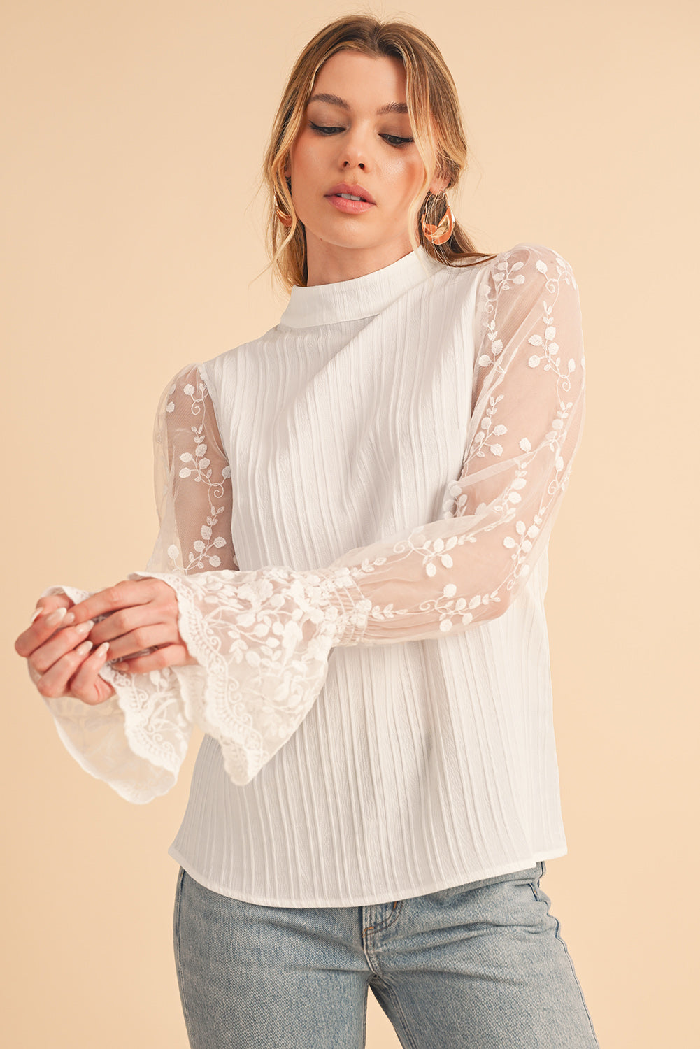 White Textured Contrast Lace Sleeve Mock Neck Blouse