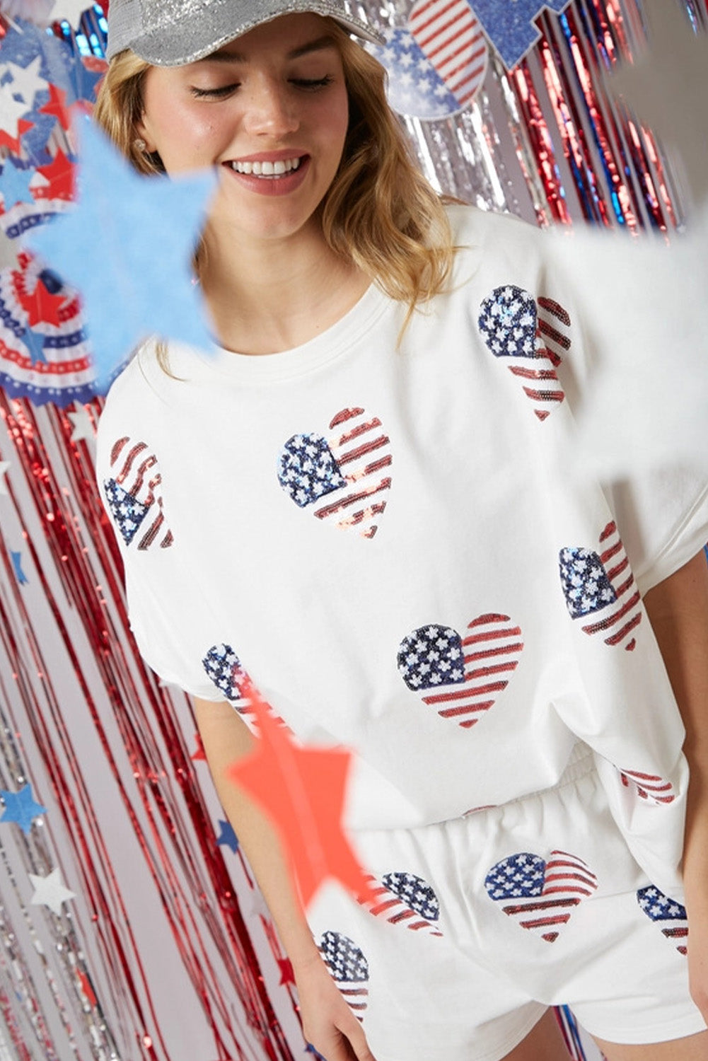 Wholesale White American Flag Sequin Graphic Loose Top and Shorts Set