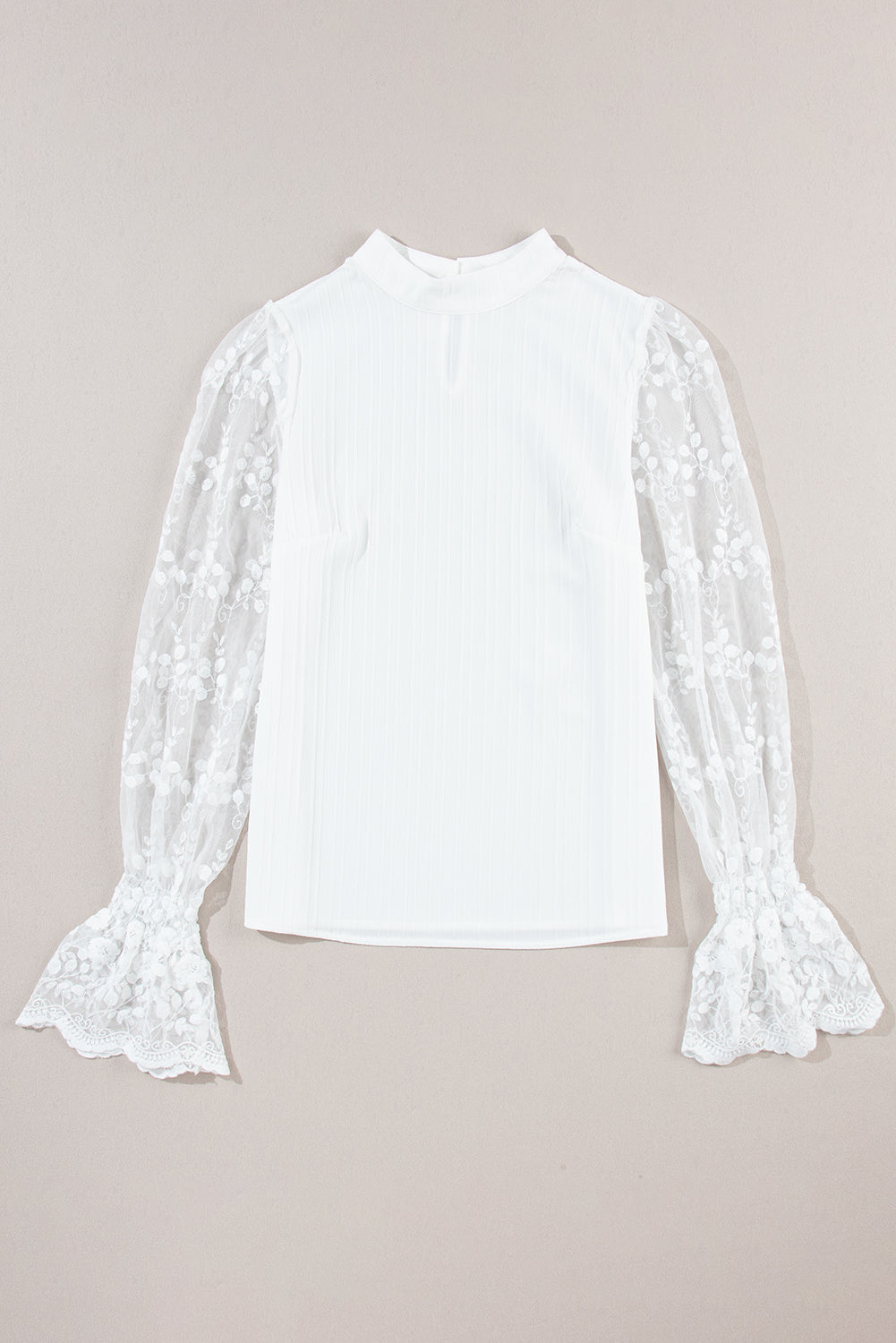 White Textured Contrast Lace Sleeve Mock Neck Blouse