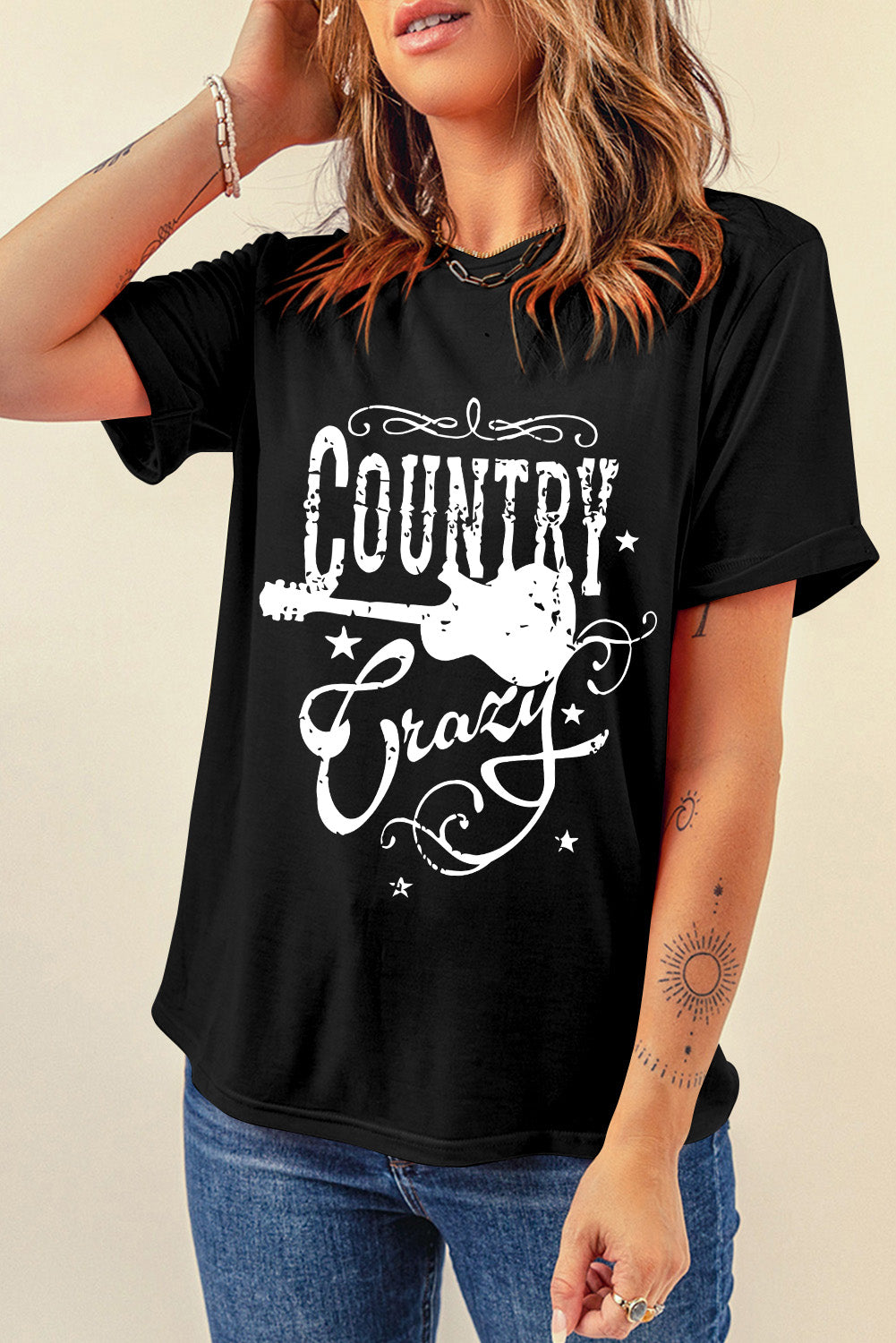 Wholesale Black Country Music Crazy Graphic Crew Neck T Shirt