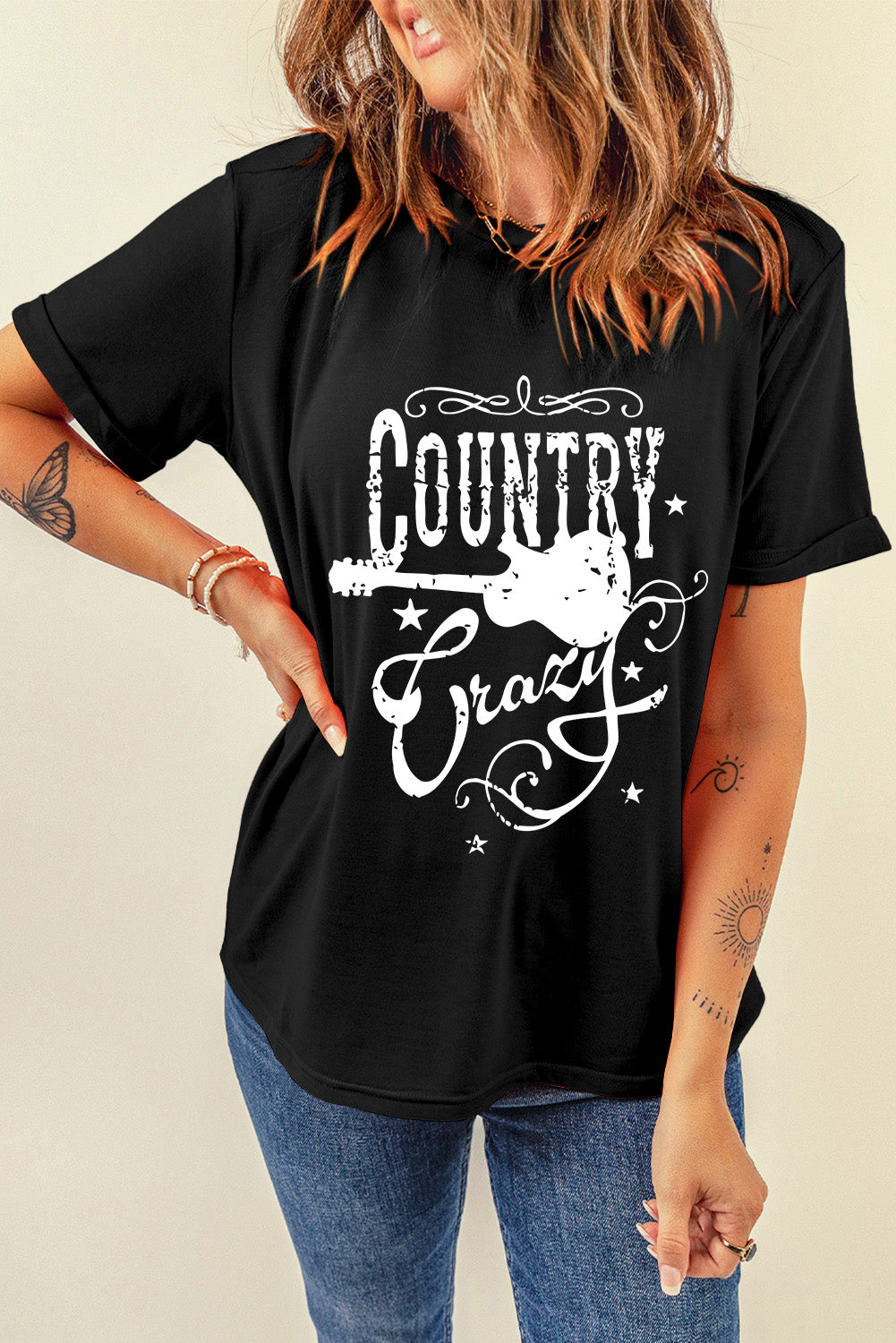 Wholesale Black Country Music Crazy Graphic Crew Neck T Shirt