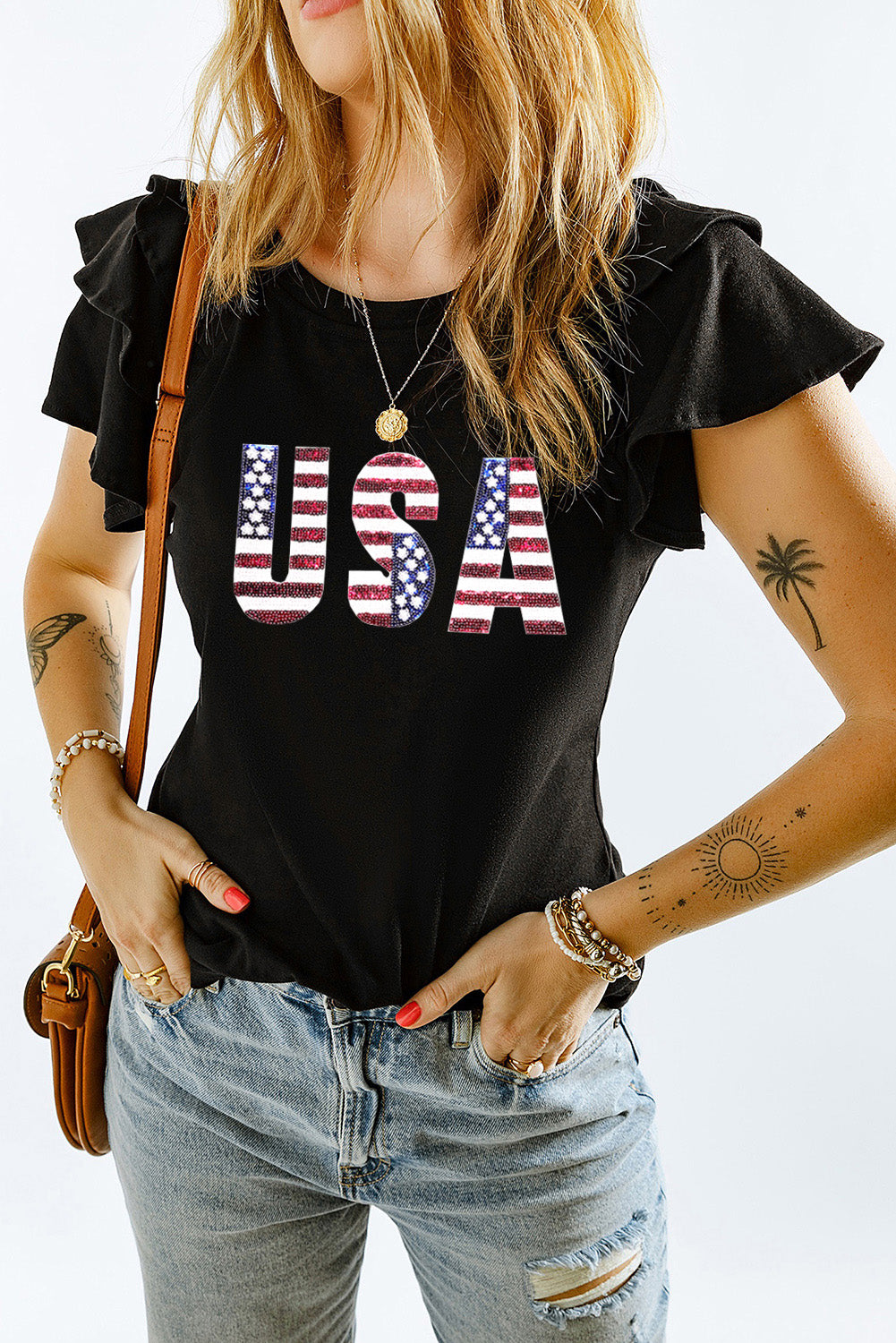 Black Sequined American Flag USA Graphic Ruffled Sleeve Tee