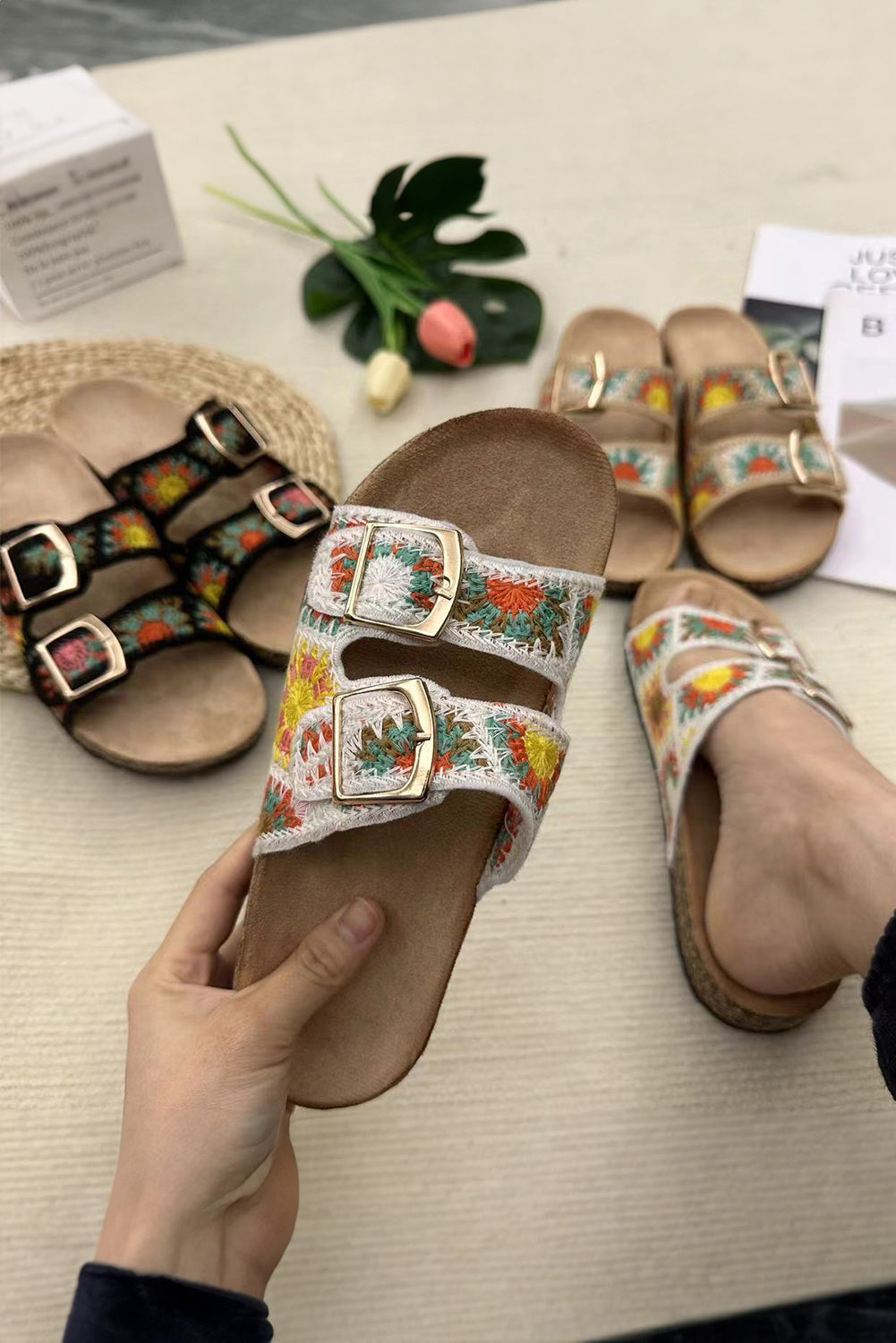 White Woven Sunflower Buckle Strap Slides Shoes